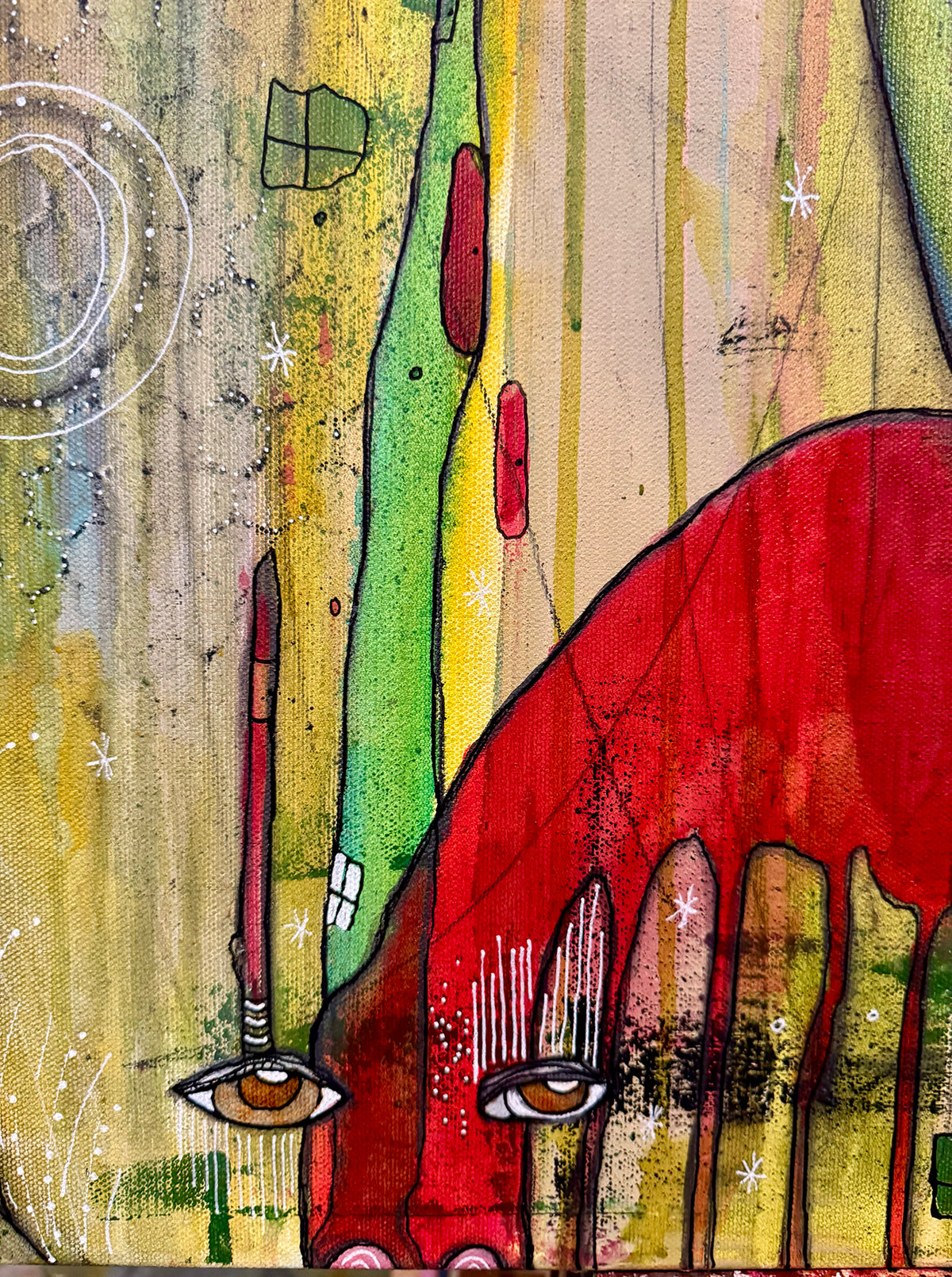 Fine Art on canvas &quot;HI&#39; AKA&#39; with Selenite, Obsidian and Rose Quartz Crystal