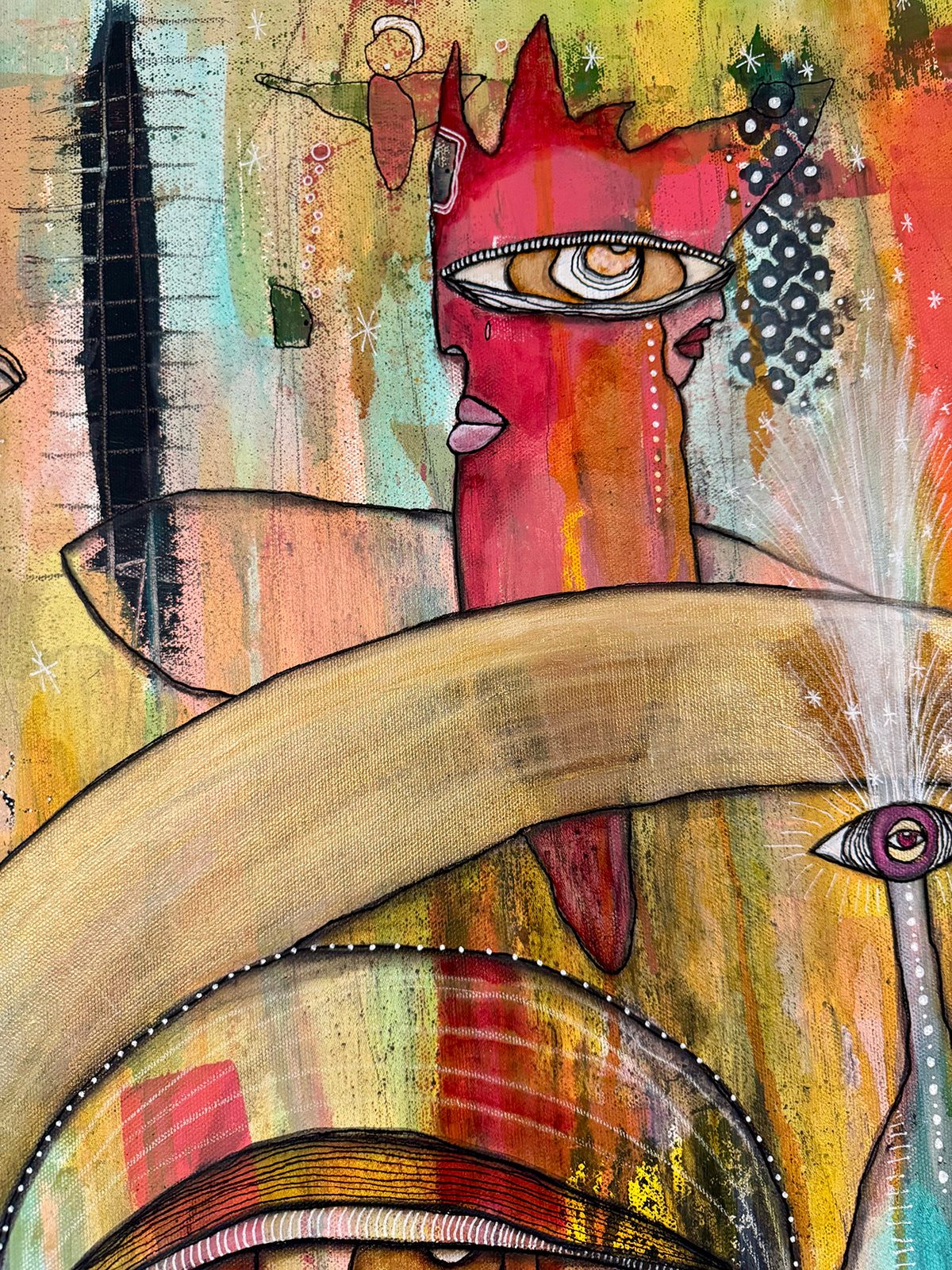 Fine Art on canvas &quot;HI&#39; AKA&#39; with Selenite, Obsidian and Rose Quartz Crystal