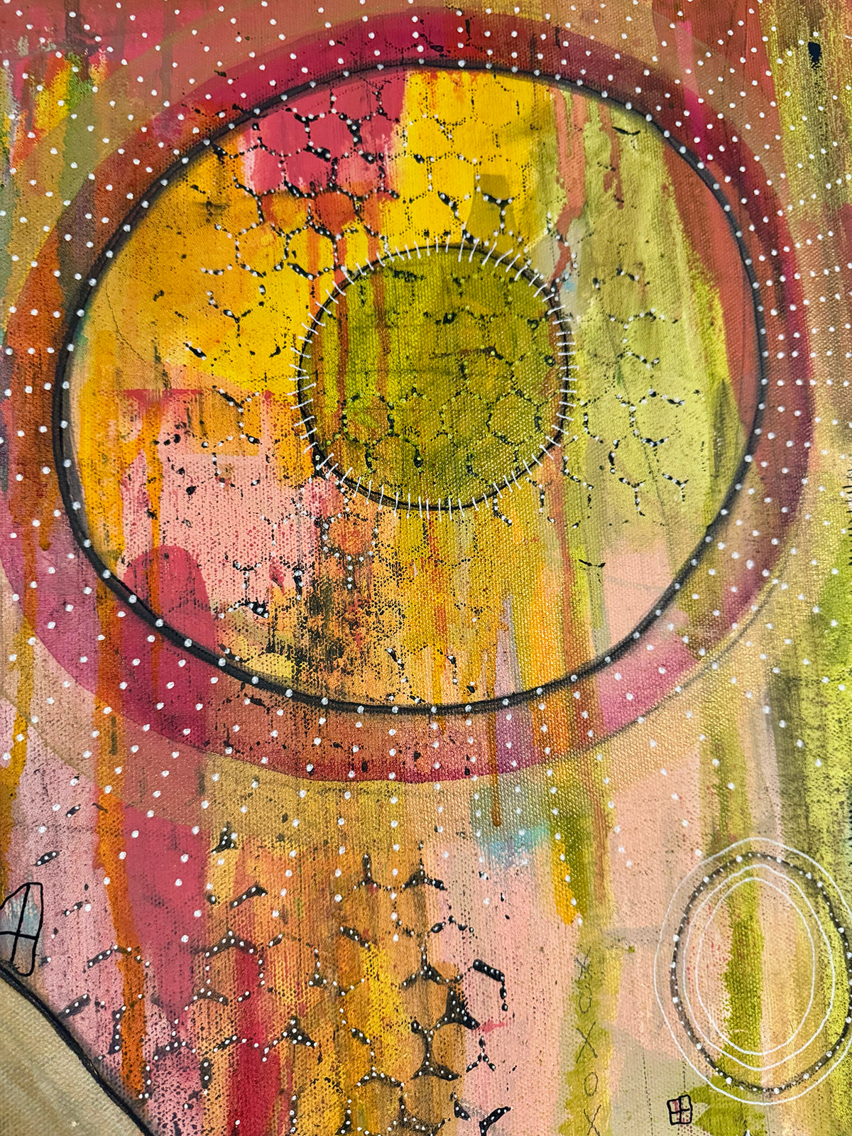 Fine Art on canvas &quot;HI&#39; AKA&#39; with Selenite, Obsidian and Rose Quartz Crystal