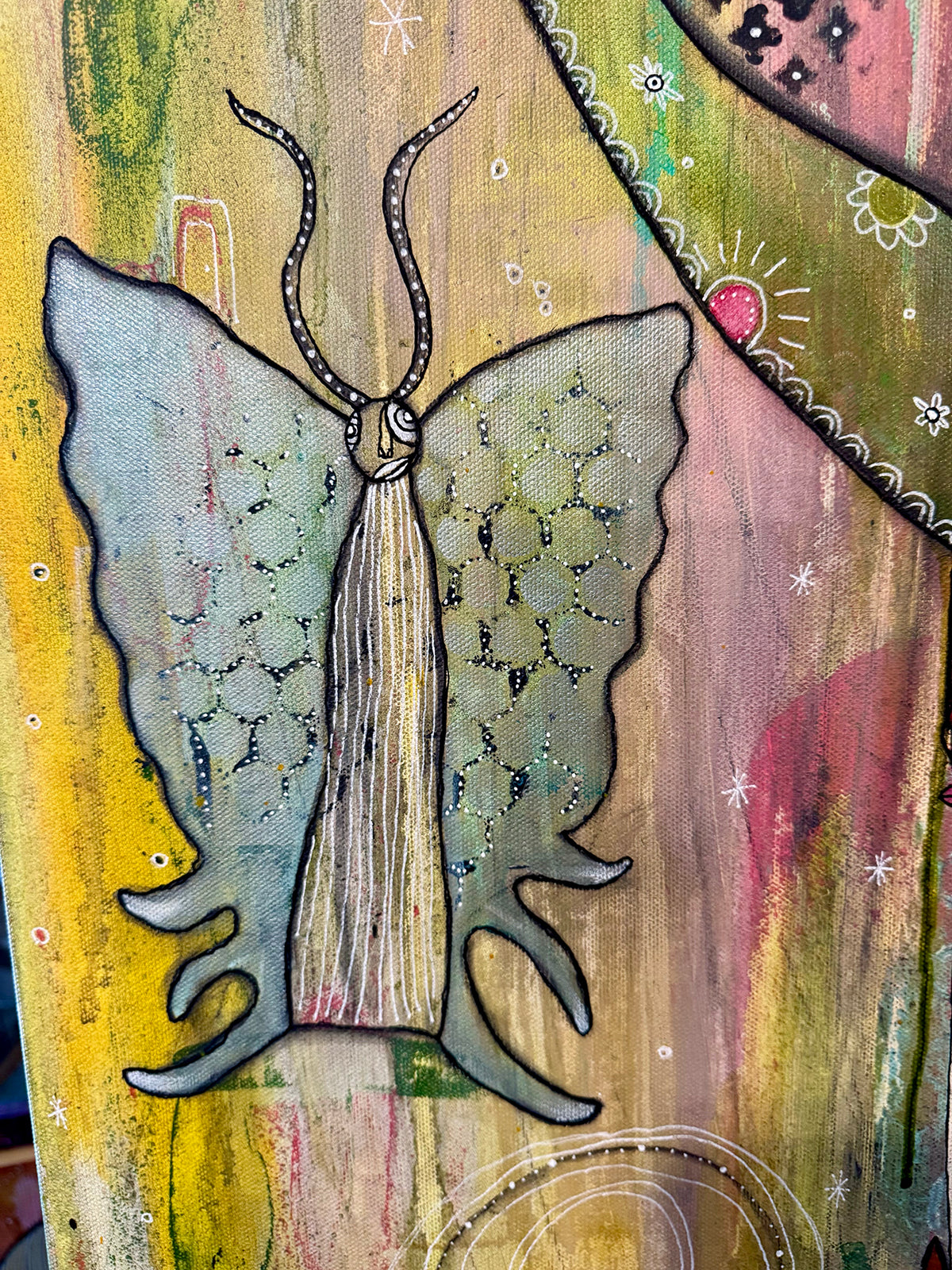 Fine Art on canvas &quot;HI&#39; AKA&#39; with Selenite, Obsidian and Rose Quartz Crystal