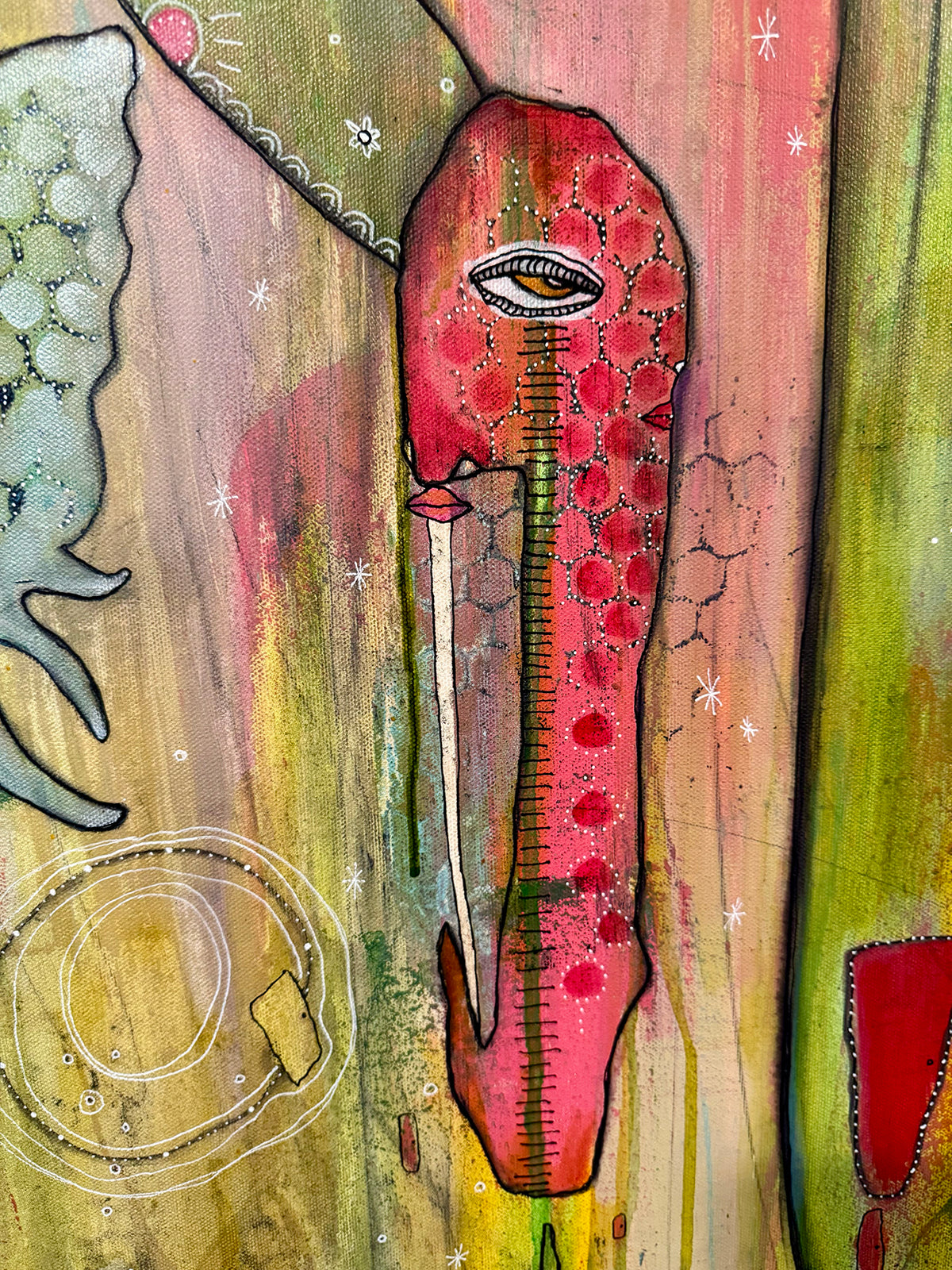 Fine Art on canvas &quot;HI&#39; AKA&#39; with Selenite, Obsidian and Rose Quartz Crystal