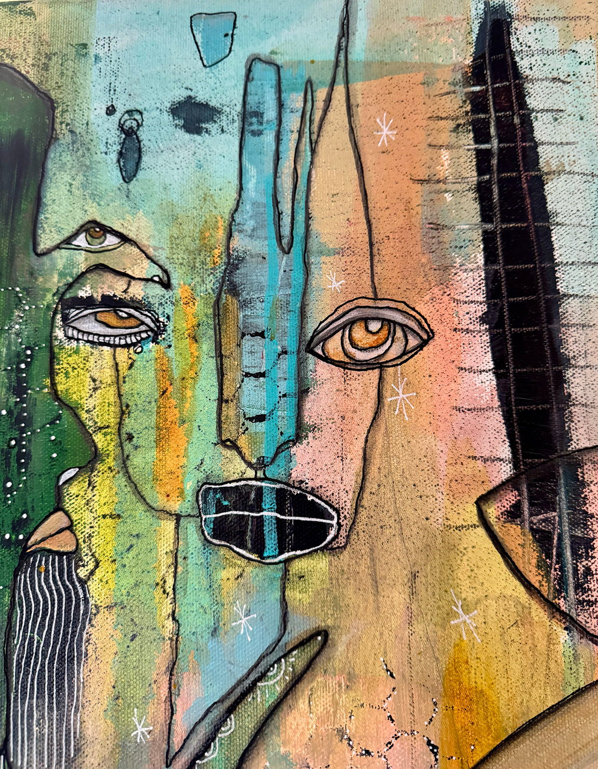 Fine Art on canvas &quot;HI&#39; AKA&#39; with Selenite, Obsidian and Rose Quartz Crystal