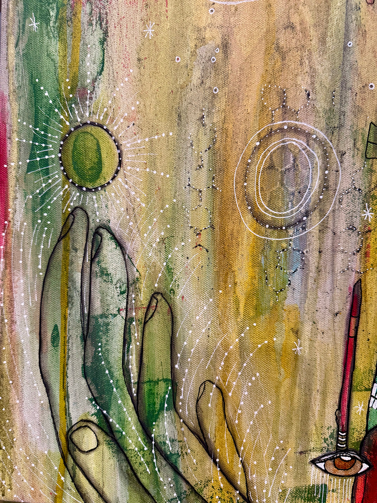 Fine Art on canvas &quot;HI&#39; AKA&#39; with Selenite, Obsidian and Rose Quartz Crystal