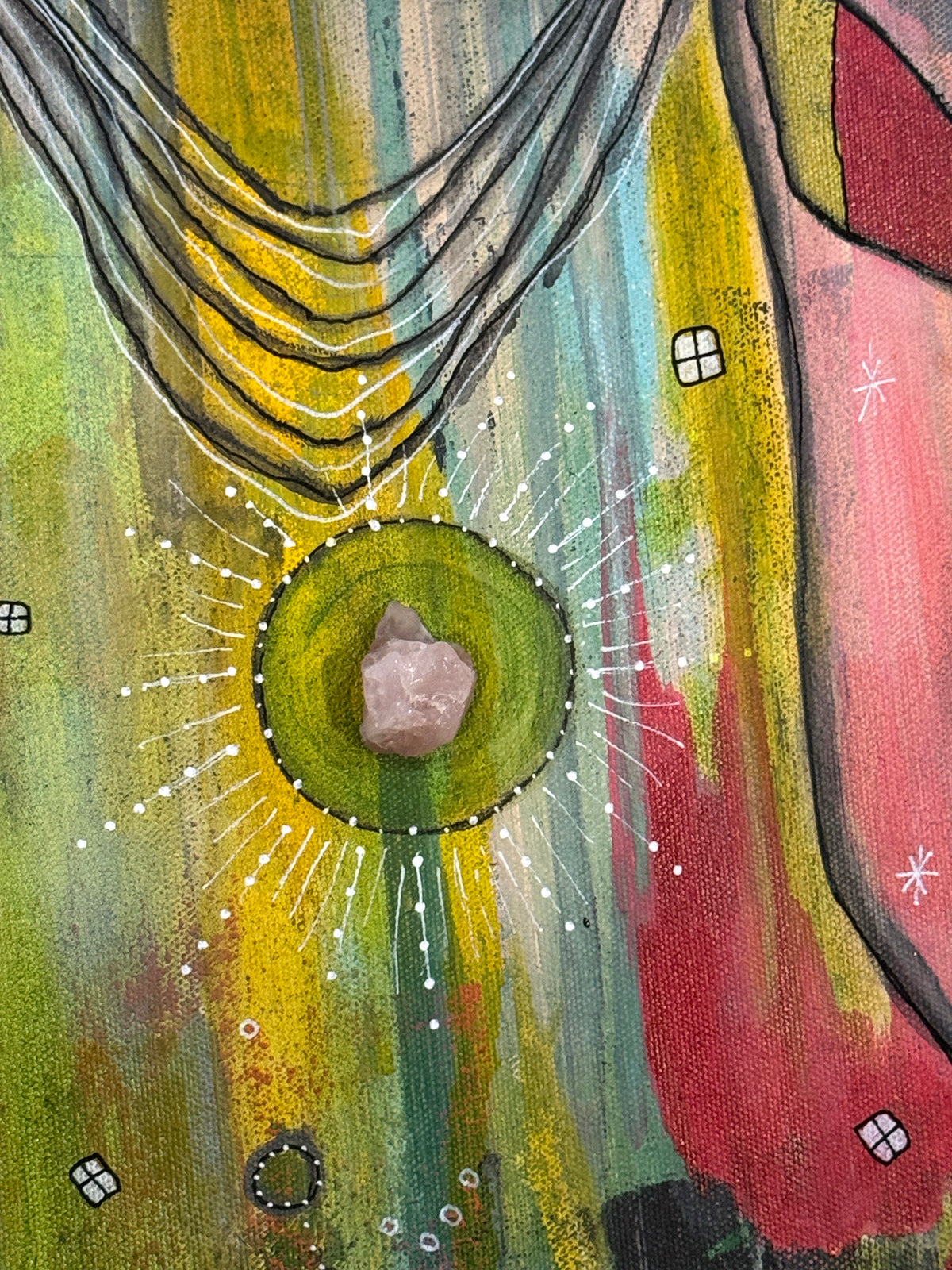 Fine Art on canvas &quot;HI&#39; AKA&#39; with Selenite, Obsidian and Rose Quartz Crystal