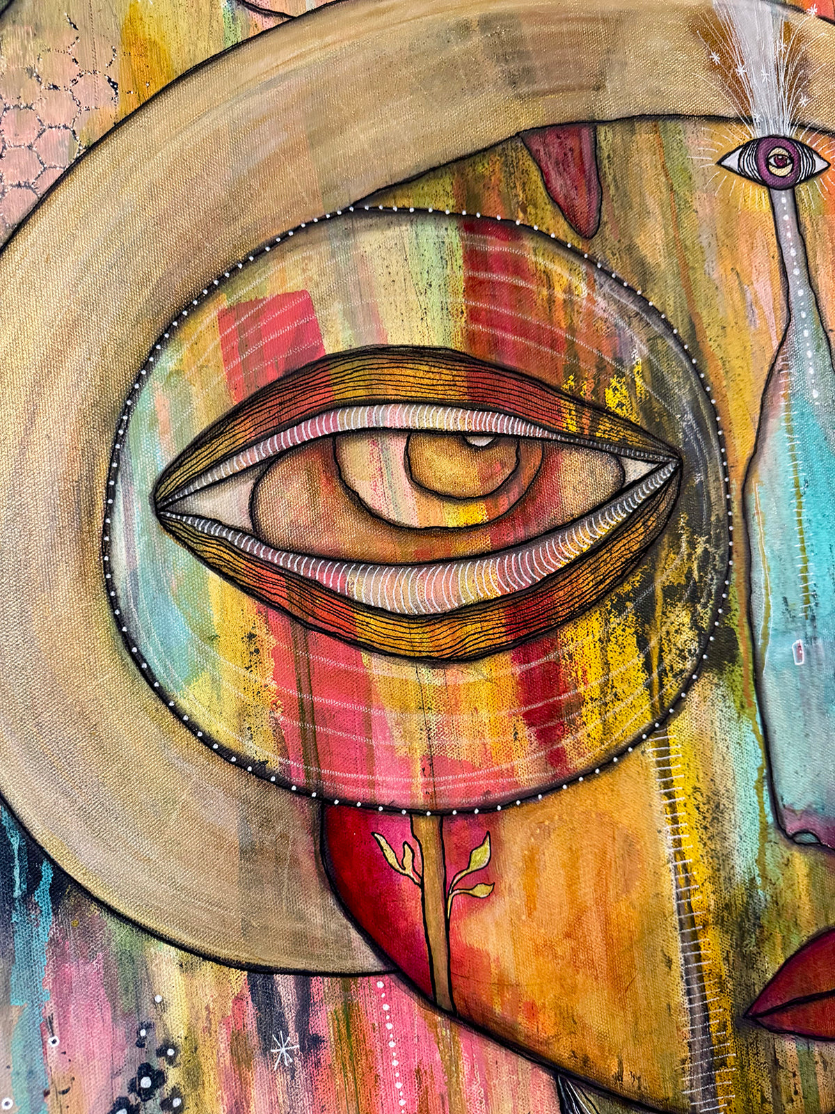 Fine Art on canvas &quot;HI&#39; AKA&#39; with Selenite, Obsidian and Rose Quartz Crystal