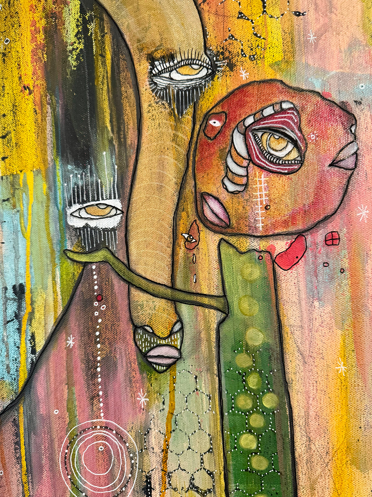 Fine Art on canvas &quot;HI&#39; AKA&#39; with Selenite, Obsidian and Rose Quartz Crystal