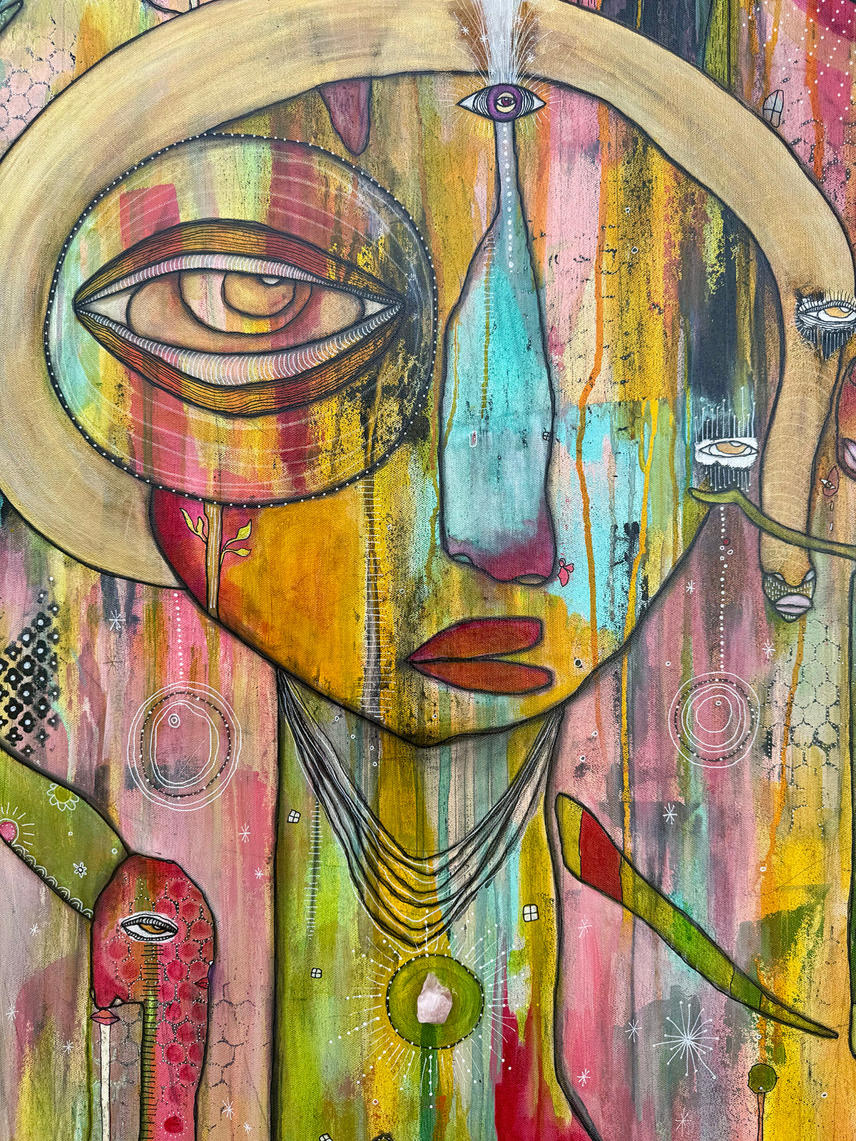 Fine Art on canvas &quot;HI&#39; AKA&#39; with Selenite, Obsidian and Rose Quartz Crystal