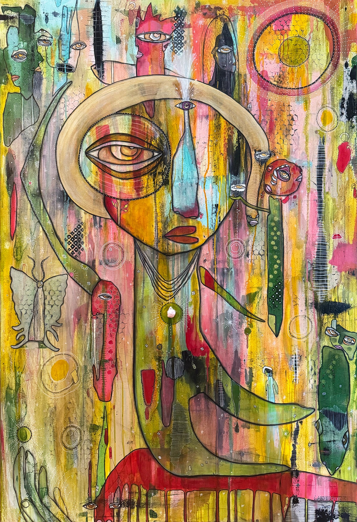 Fine Art on canvas &quot;HI&#39; AKA&#39; with Selenite, Obsidian and Rose Quartz Crystal