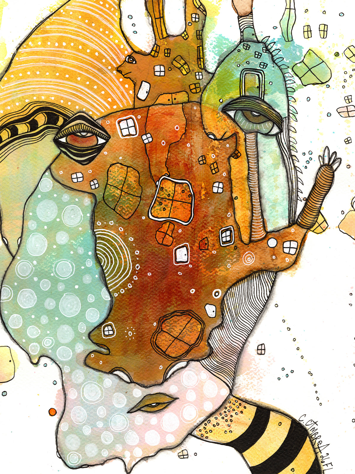 "HI" Original Mixed Media art on Watercolor Paper