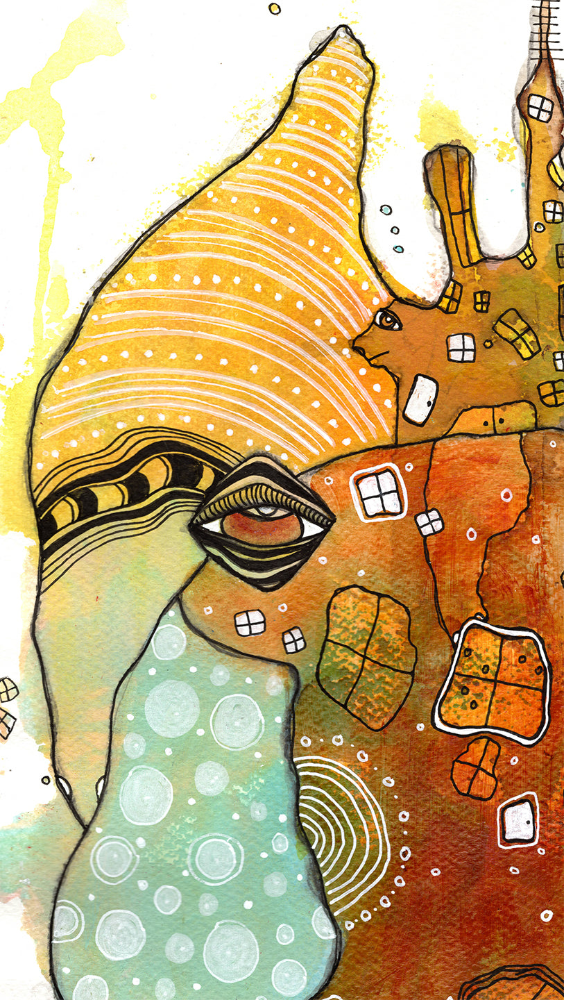 "HI" Original Mixed Media art on Watercolor Paper