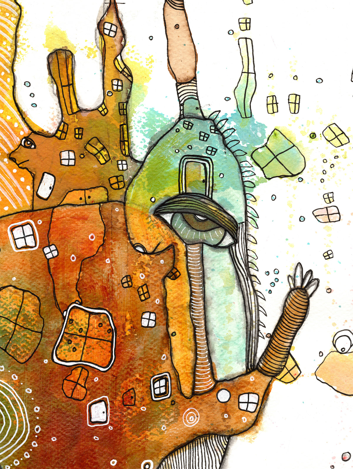 "HI" Original Mixed Media art on Watercolor Paper