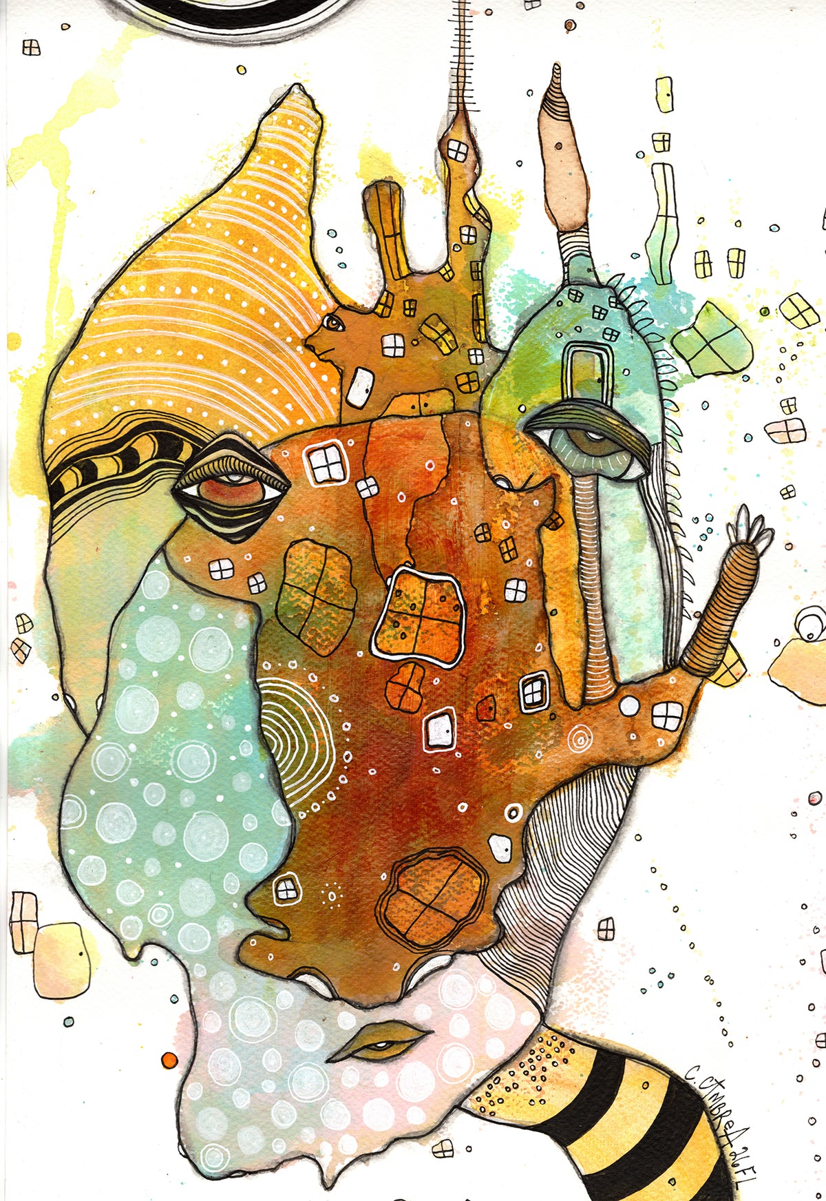 "HI" Original Mixed Media art on Watercolor Paper