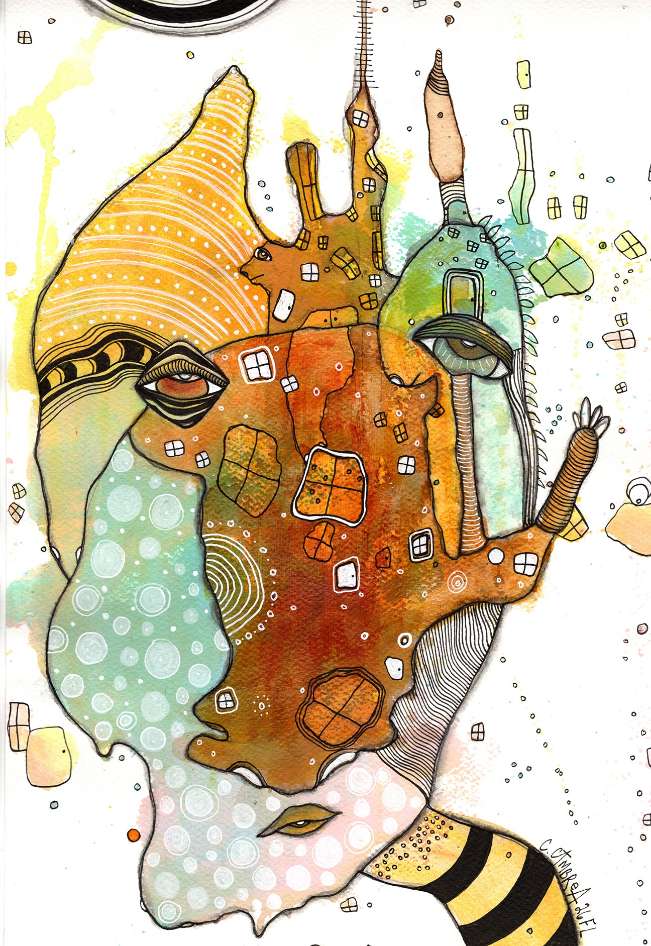 "HI" Original Mixed Media art on Watercolor Paper