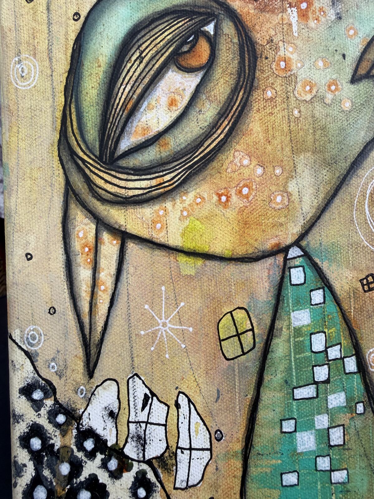 Whispers - detail view of eye and canvas texture, original mixed media painting by C. Cambrea