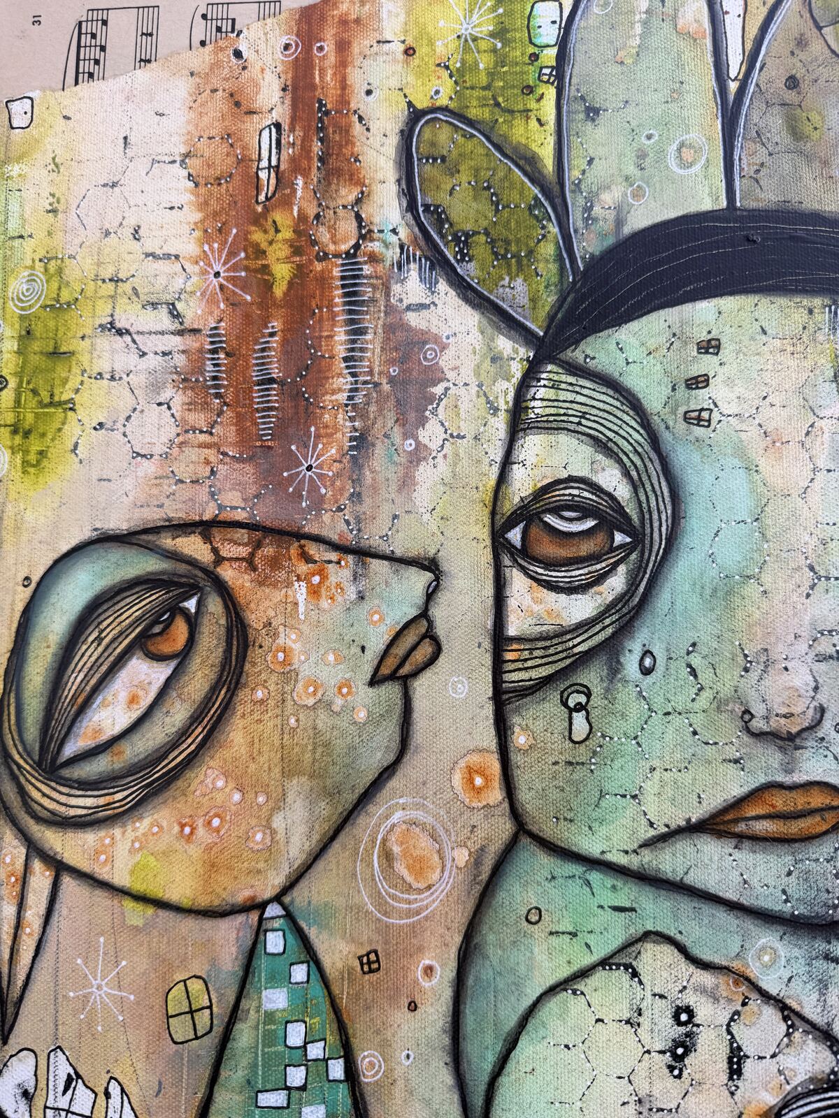 Whispers - detail view of two faces and eyes, original mixed media painting on canvas by C. Cambrea