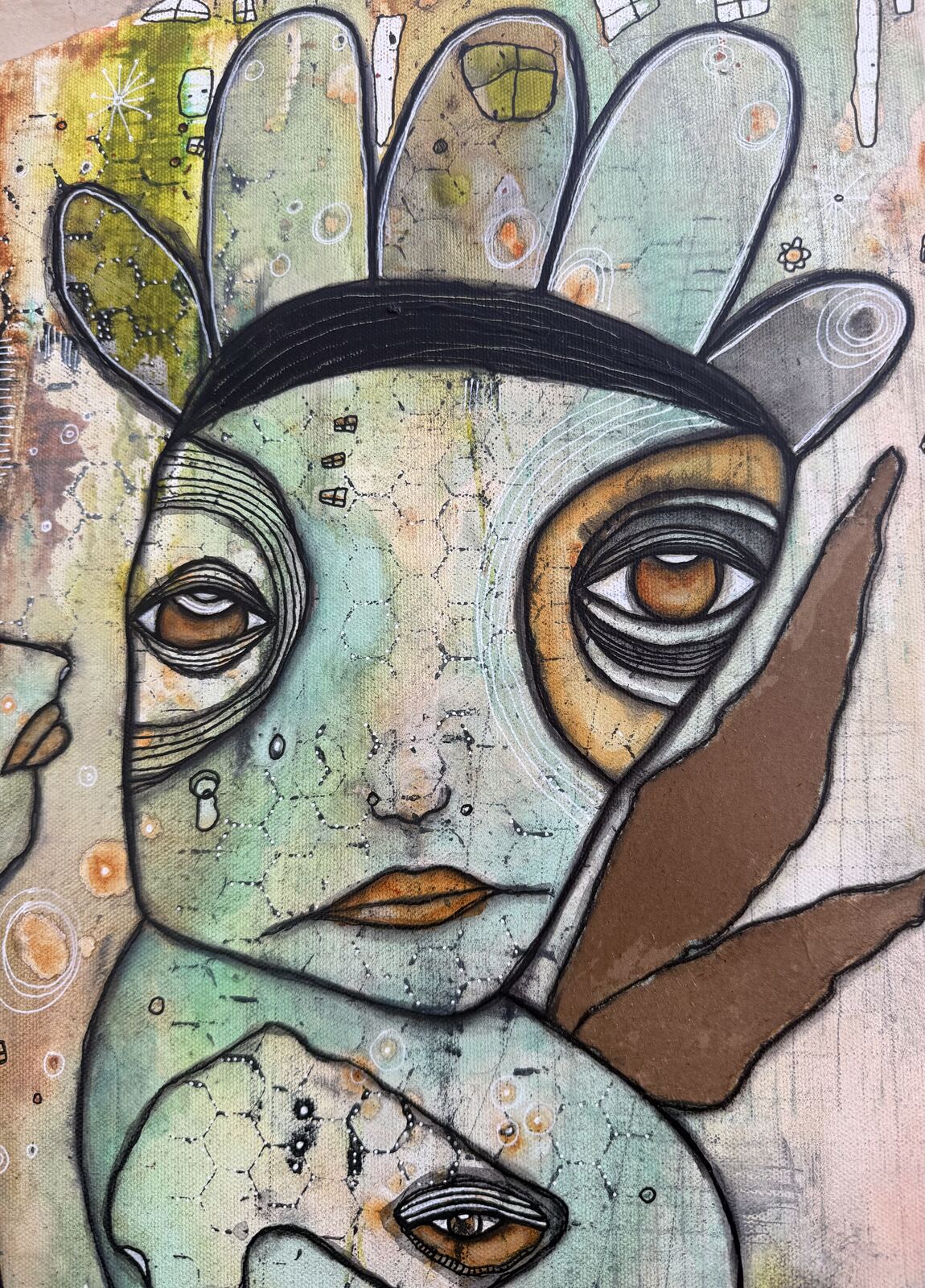 Whispers - detail view of feathered headdress and face, original mixed media painting by C. Cambrea