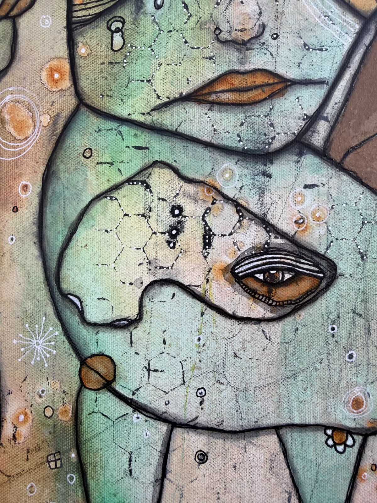 Whispers - detail view of lips and hexagon texture, original mixed media painting by C. Cambrea