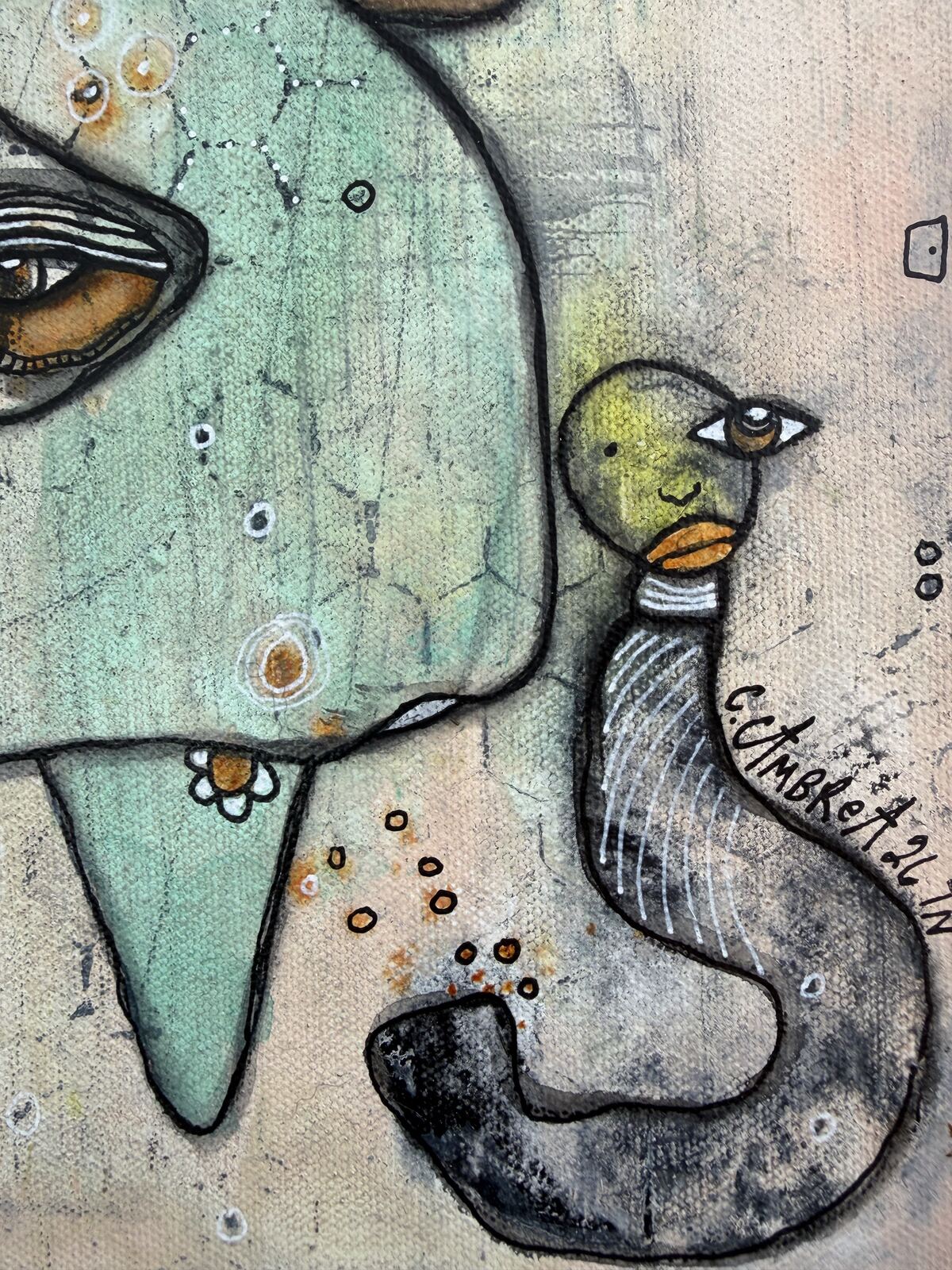 Whispers - detail view of small bird creature and signature, original mixed media painting by C. Cambrea