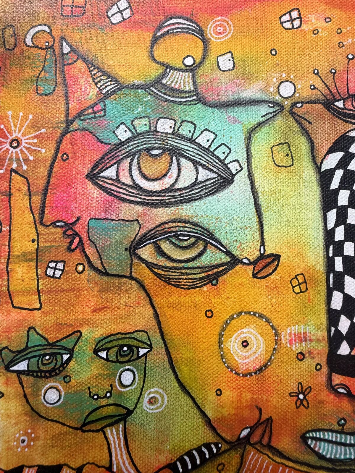 It's a Circus - detail view of multiple eyes and faces, original mixed media painting on canvas by C. Cambrea