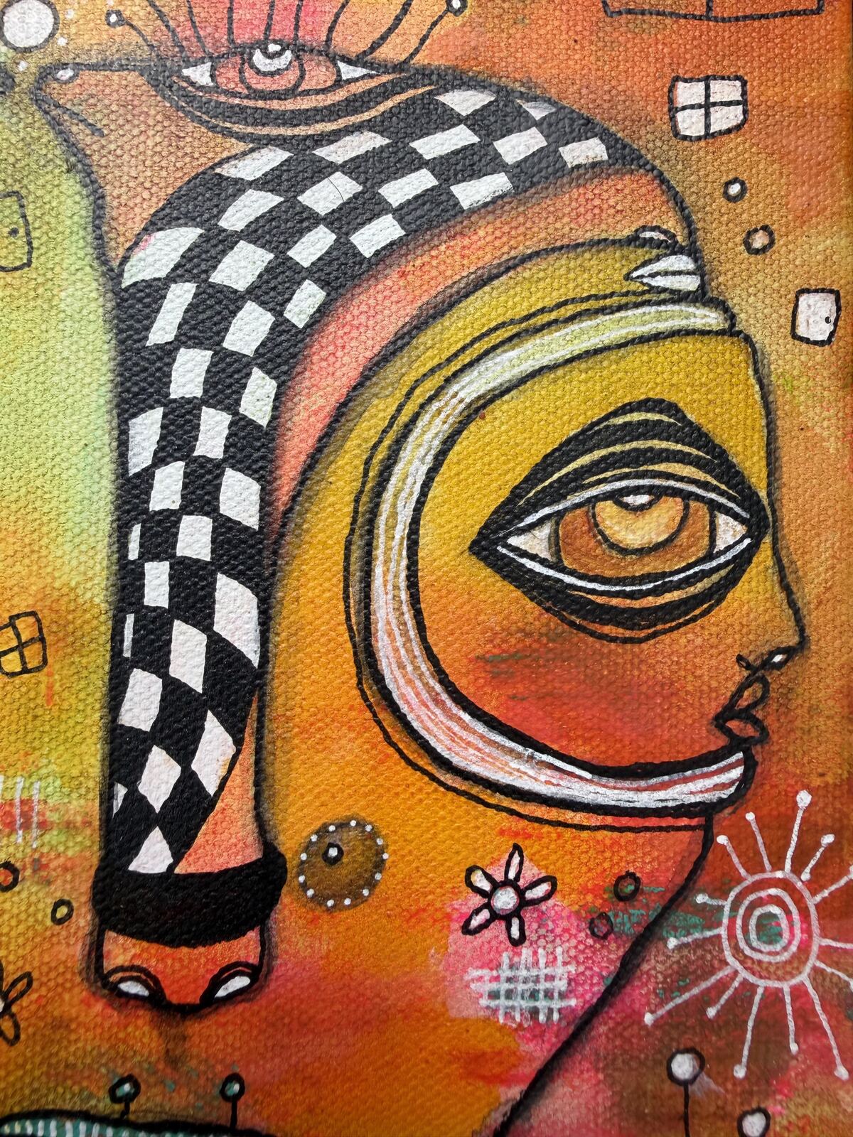It's a Circus - detail view of checkered pattern and eye, original mixed media painting on canvas by C. Cambrea