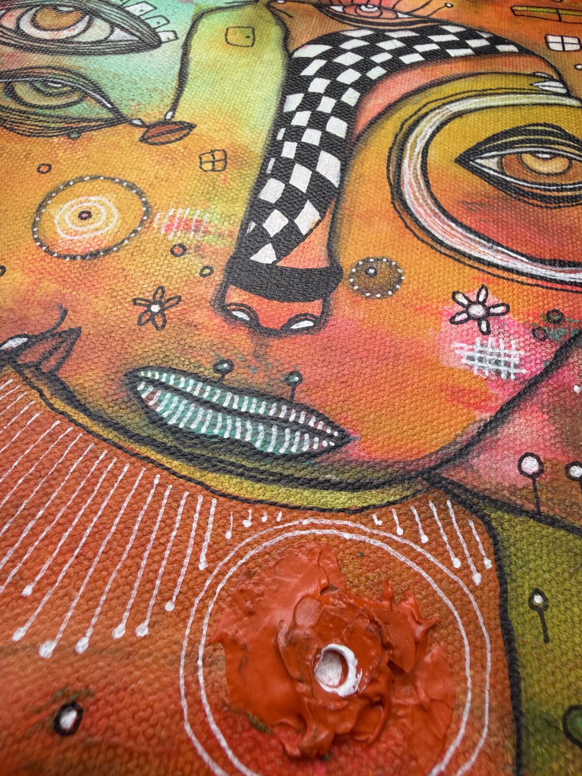 It's a Circus - detail view of rabbit-eared creature face, original mixed media painting on canvas by C. Cambrea