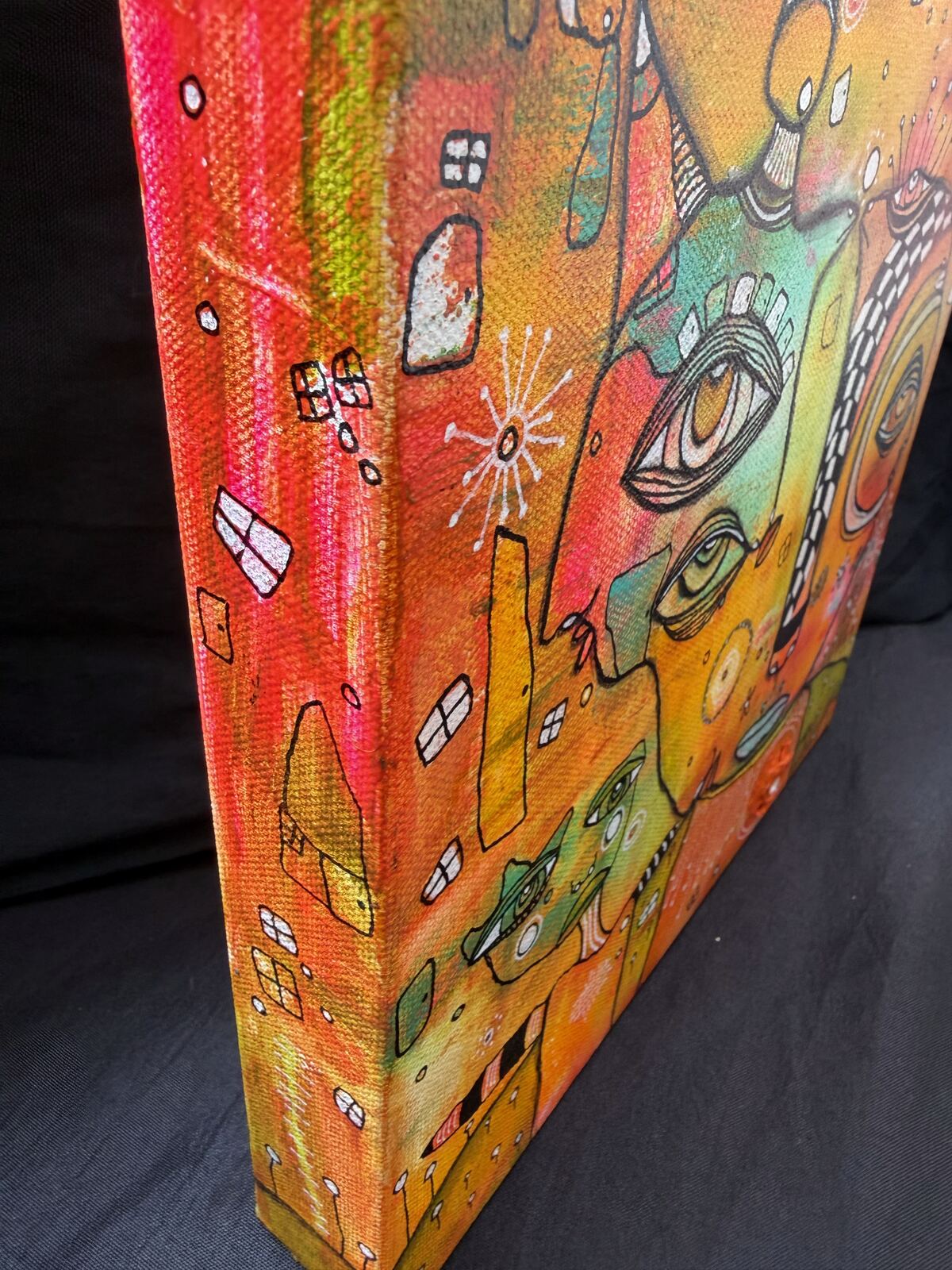 It's a Circus - corner detail showing canvas edge, original mixed media painting on canvas by C. Cambrea