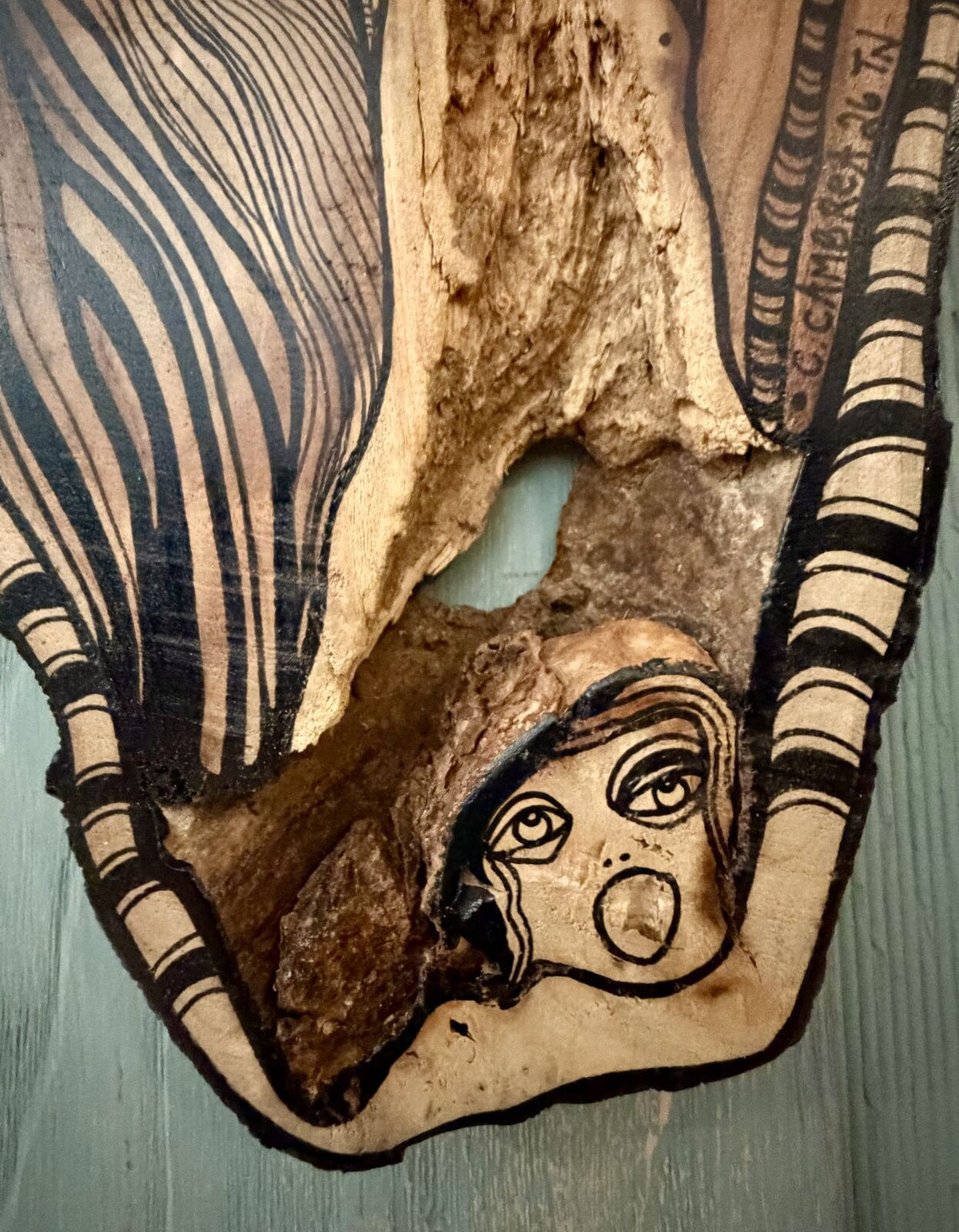 AHHH - detail view of bottom corner face, wood burned pyrography art by C. Cambrea