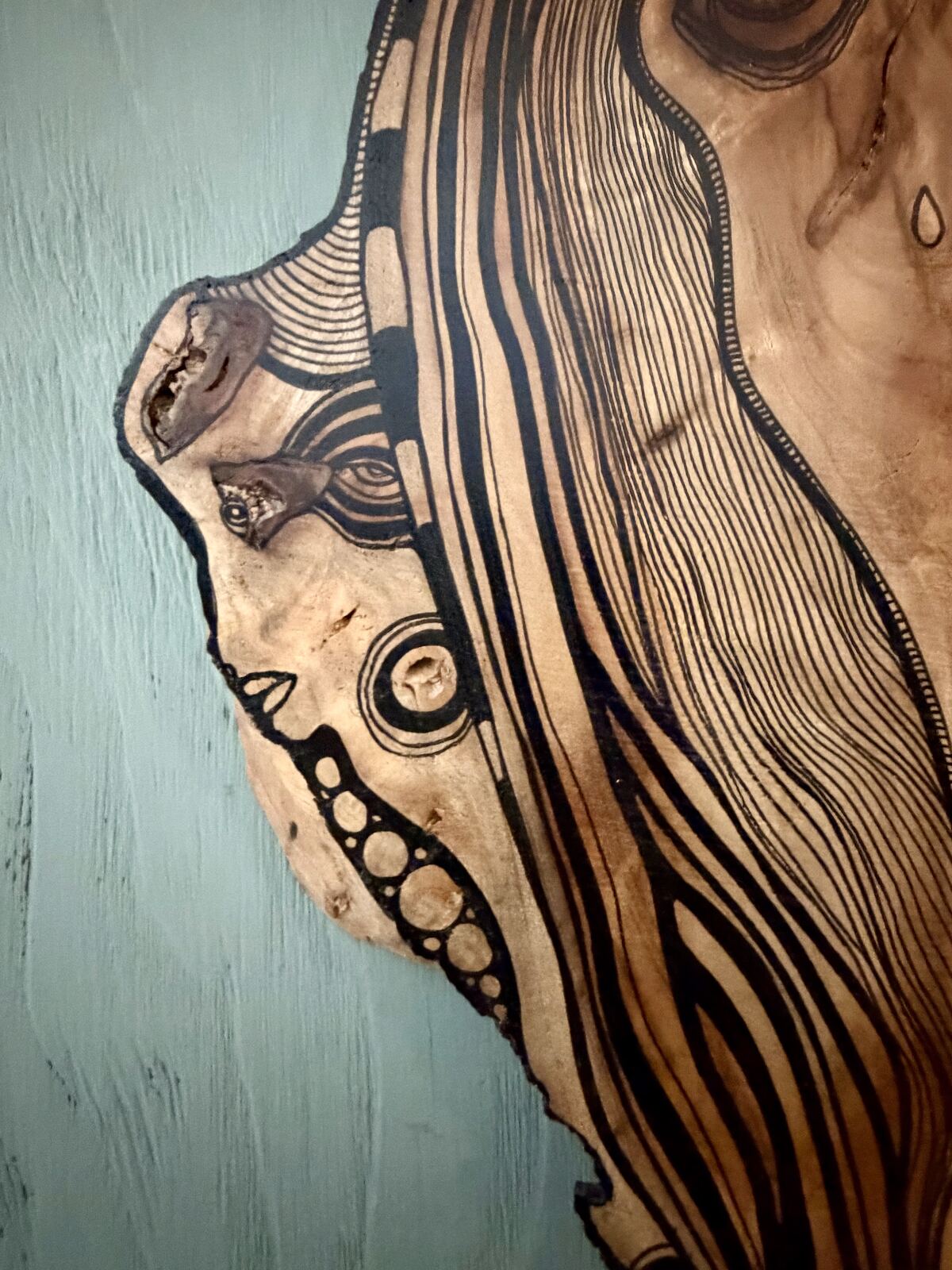 AHHH - detail view of left side face, wood burned pyrography art by C. Cambrea