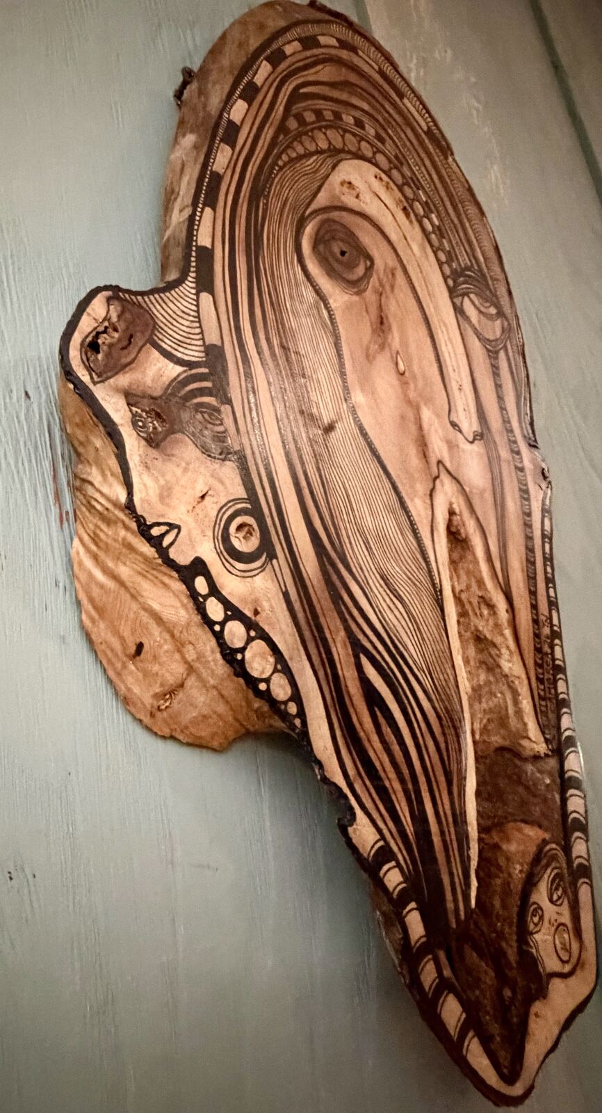 AHHH - detail view of wood knot with paint accent, wood burned pyrography art by C. Cambrea
