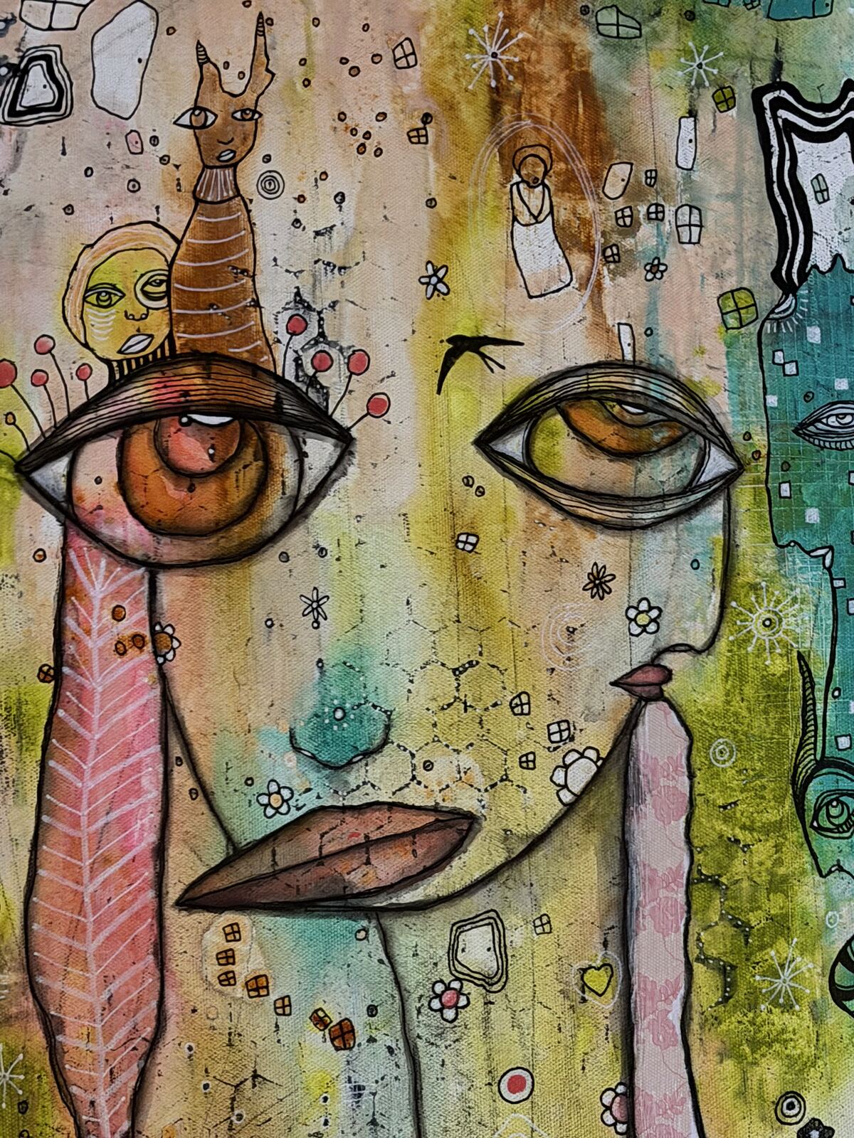Dreaming - detail view, original mixed media painting on canvas by C. Cambrea
