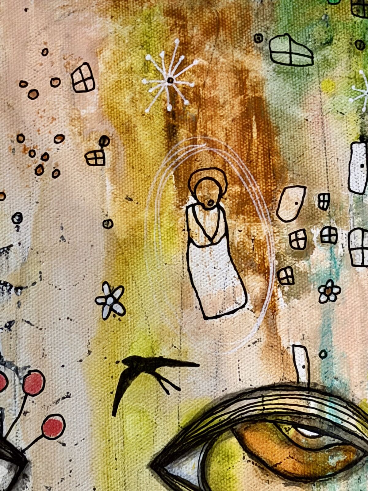 Dreaming - detail view, original mixed media painting on canvas by C. Cambrea