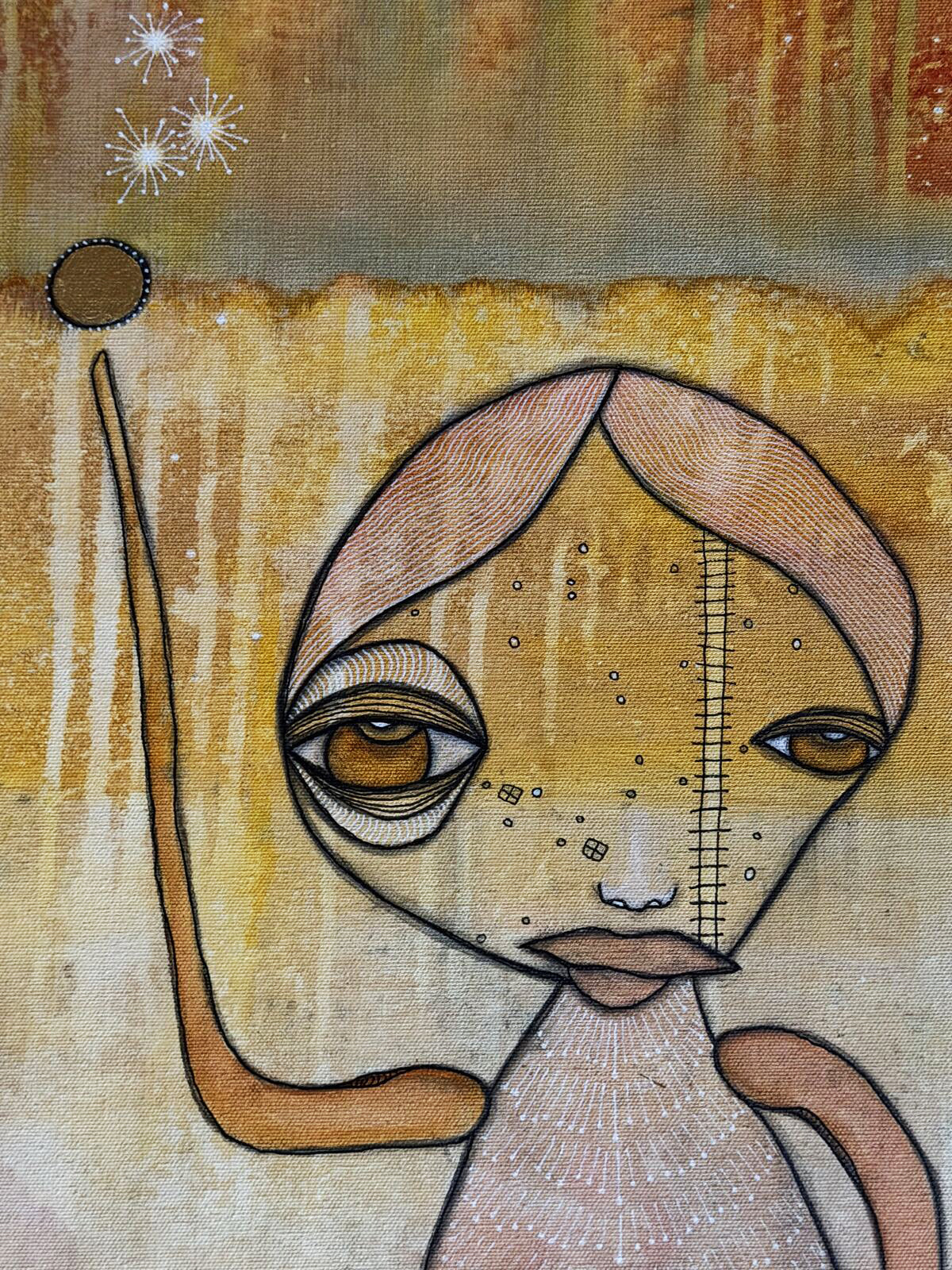 Balance - close up view of face, original mixed media painting on canvas by C. Cambrea