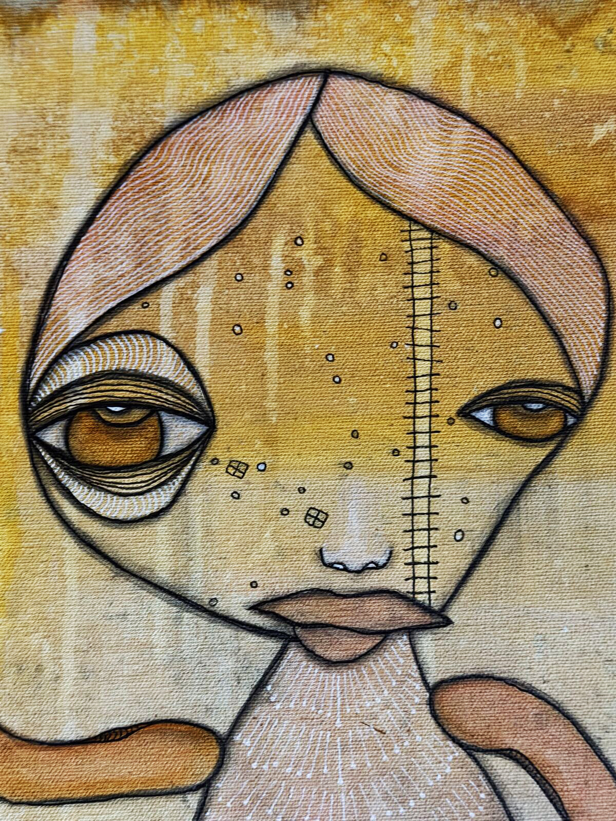 Balance - detail view of face, original mixed media painting on canvas by C. Cambrea