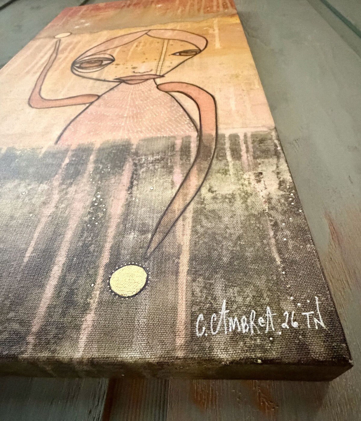 Balance - detail view of lower canvas and signature, original mixed media painting by C. Cambrea