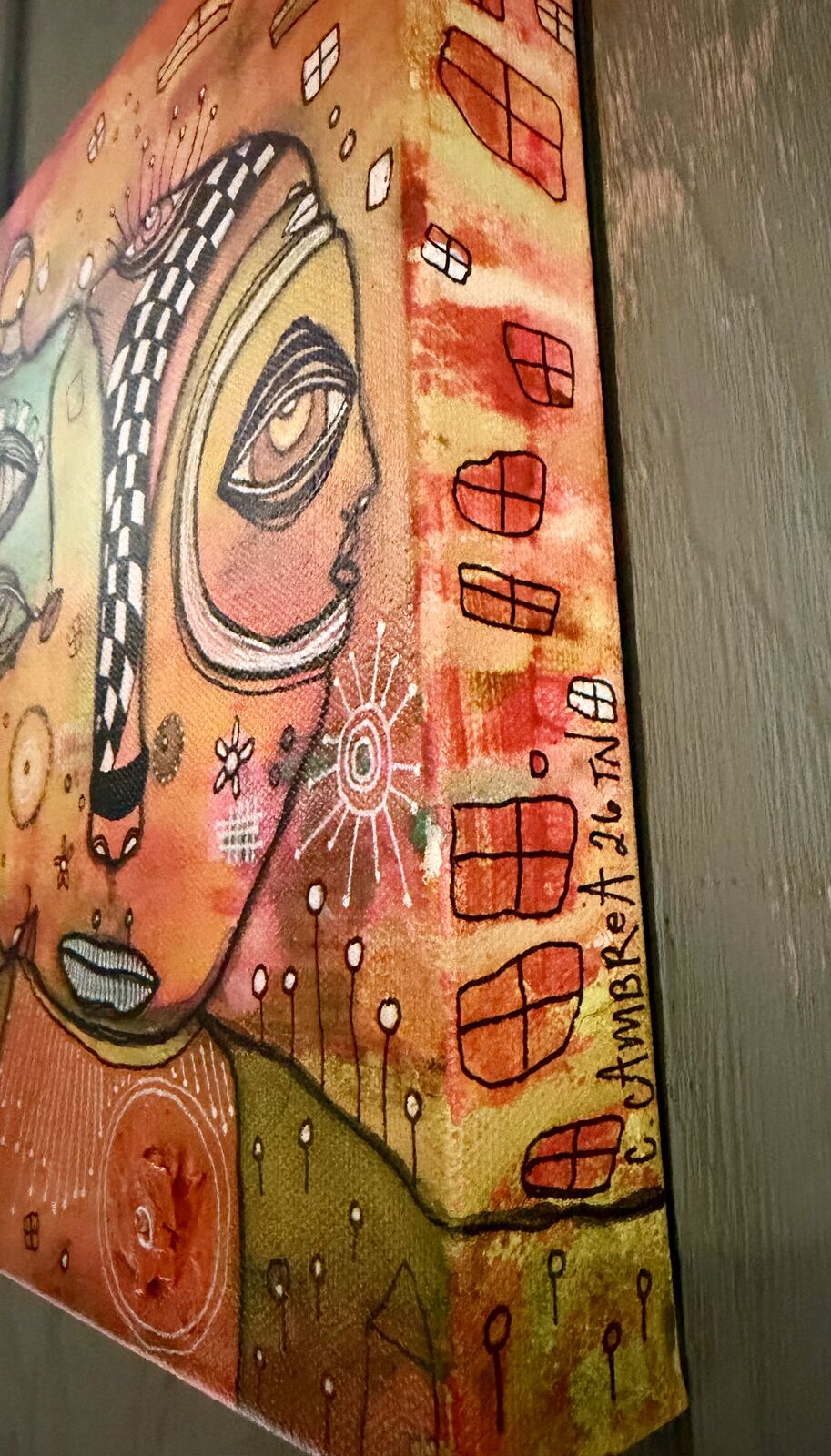 It's a Circus - side view showing canvas edge and signature, original mixed media painting by C. Cambrea