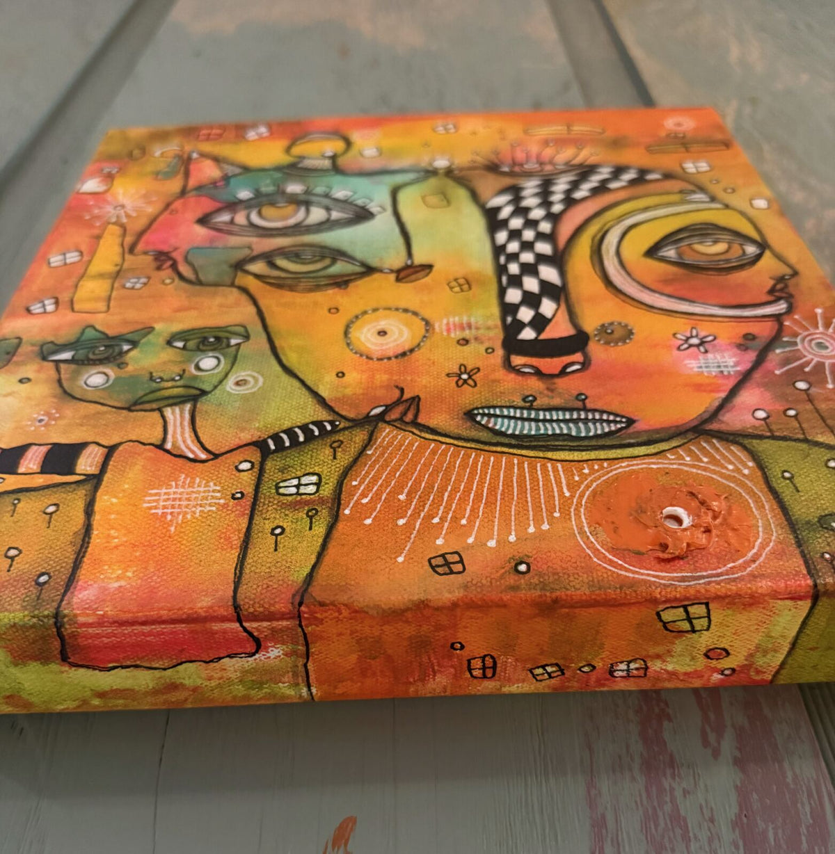It's a Circus - angled view showing canvas depth, original mixed media painting by C. Cambrea