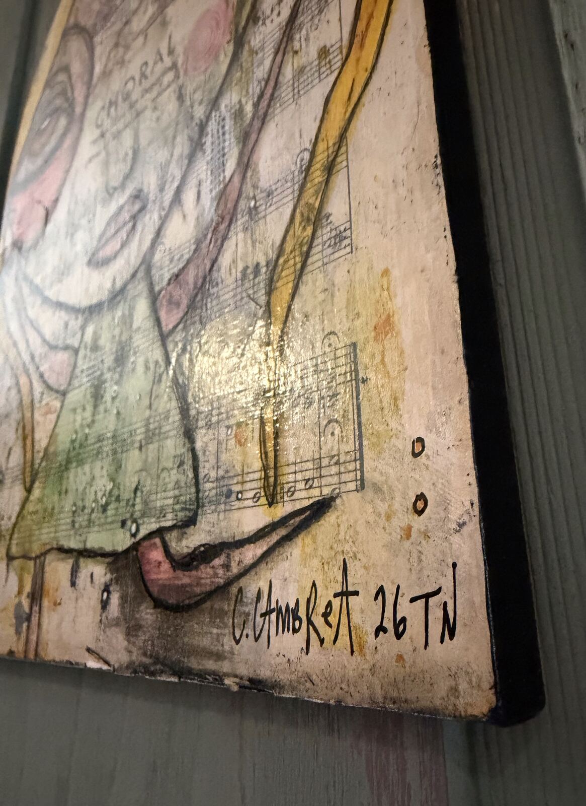When I Too Am Departing - detail view of bottom corner with pipe illustration and signature, original mixed media painting by C. Cambrea