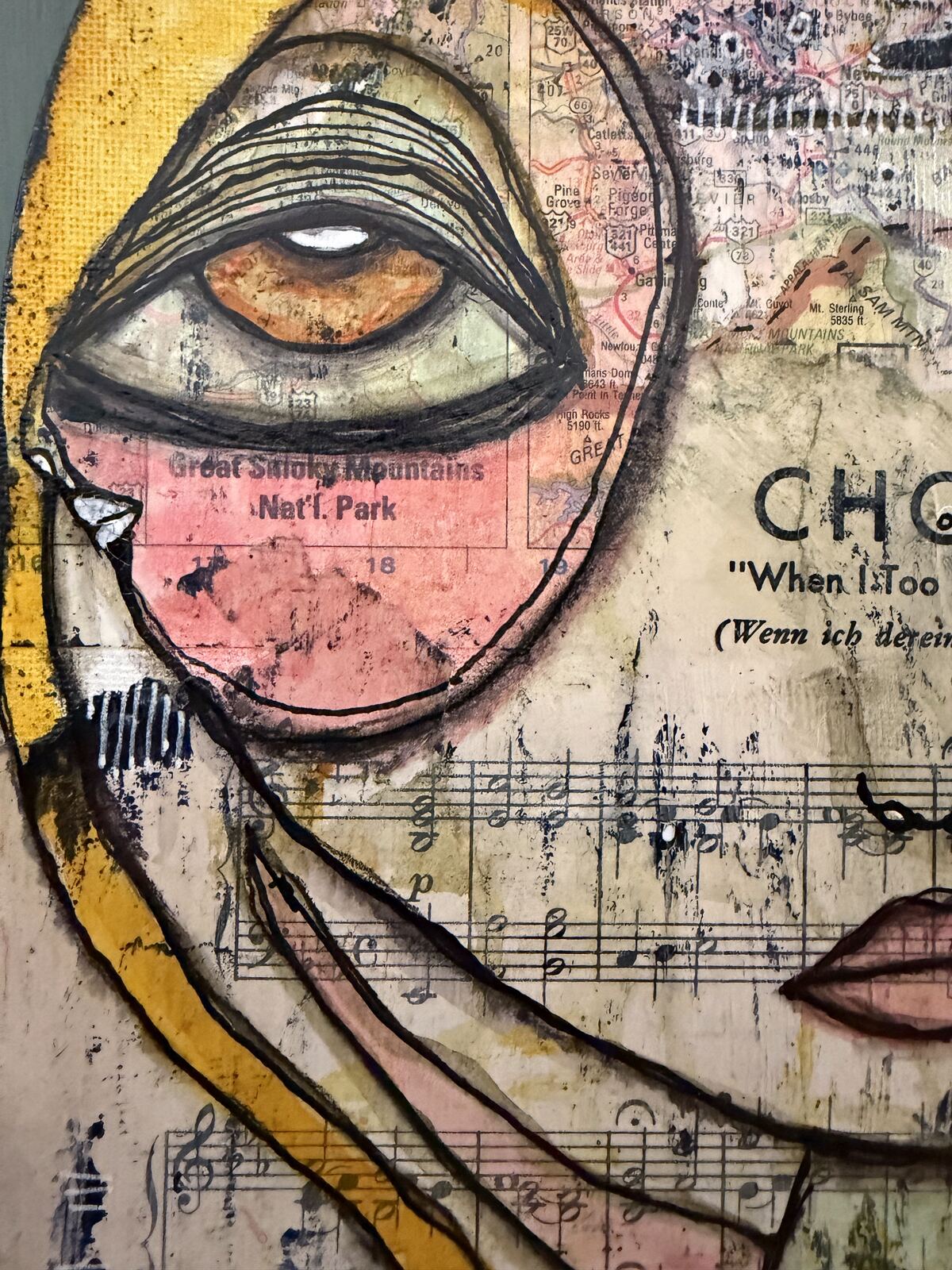 When I Too Am Departing - detail view of eye and map collage, original mixed media painting by C. Cambrea