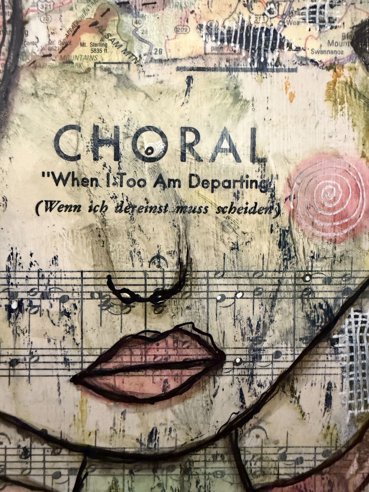 When I Too Am Departing - detail view of title text and lips, original mixed media painting by C. Cambrea