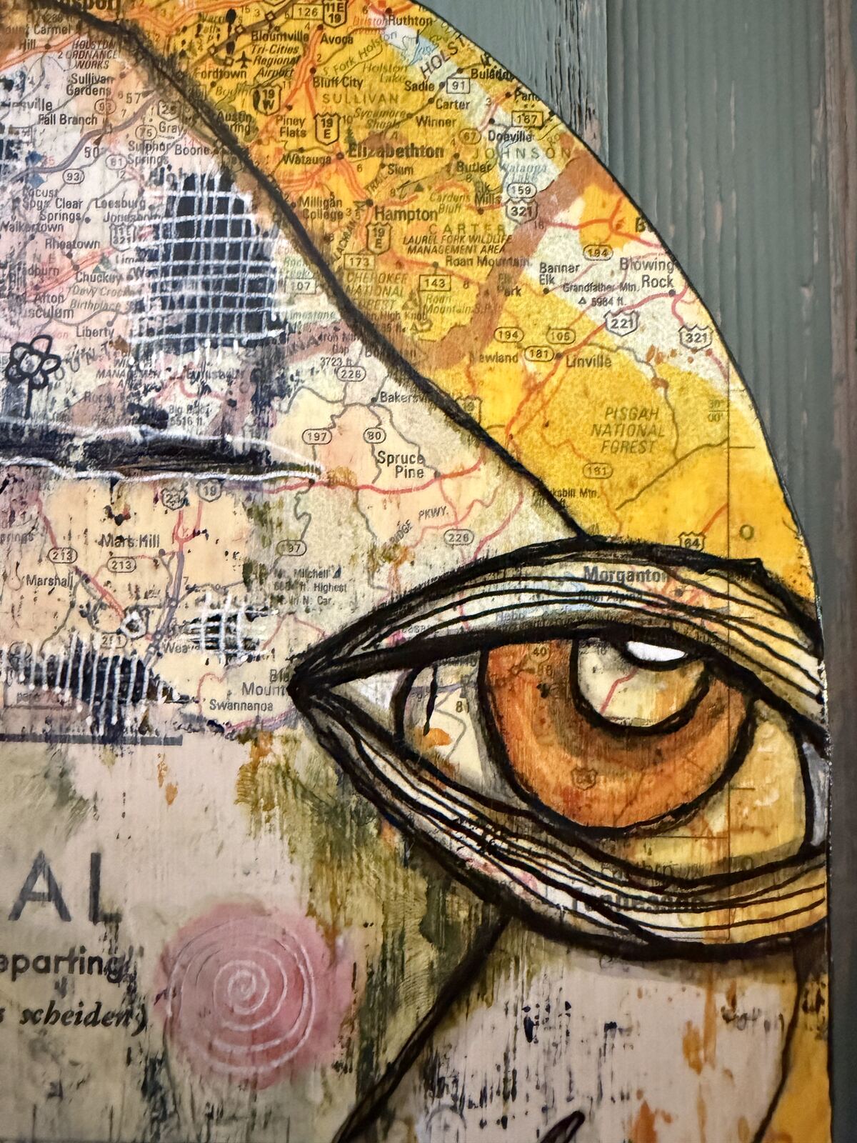 When I Too Am Departing - detail view of second eye and map collage, original mixed media painting by C. Cambrea
