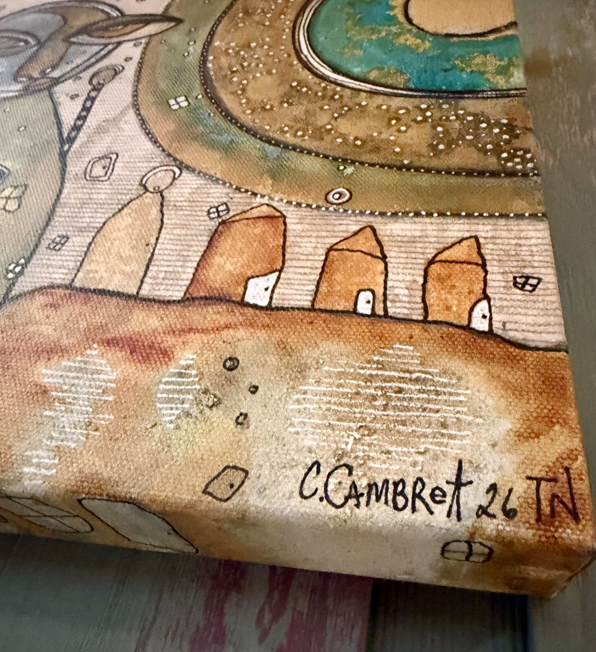 Choices - detail view of bottom corner and signature, original mixed media painting by C. Cambrea