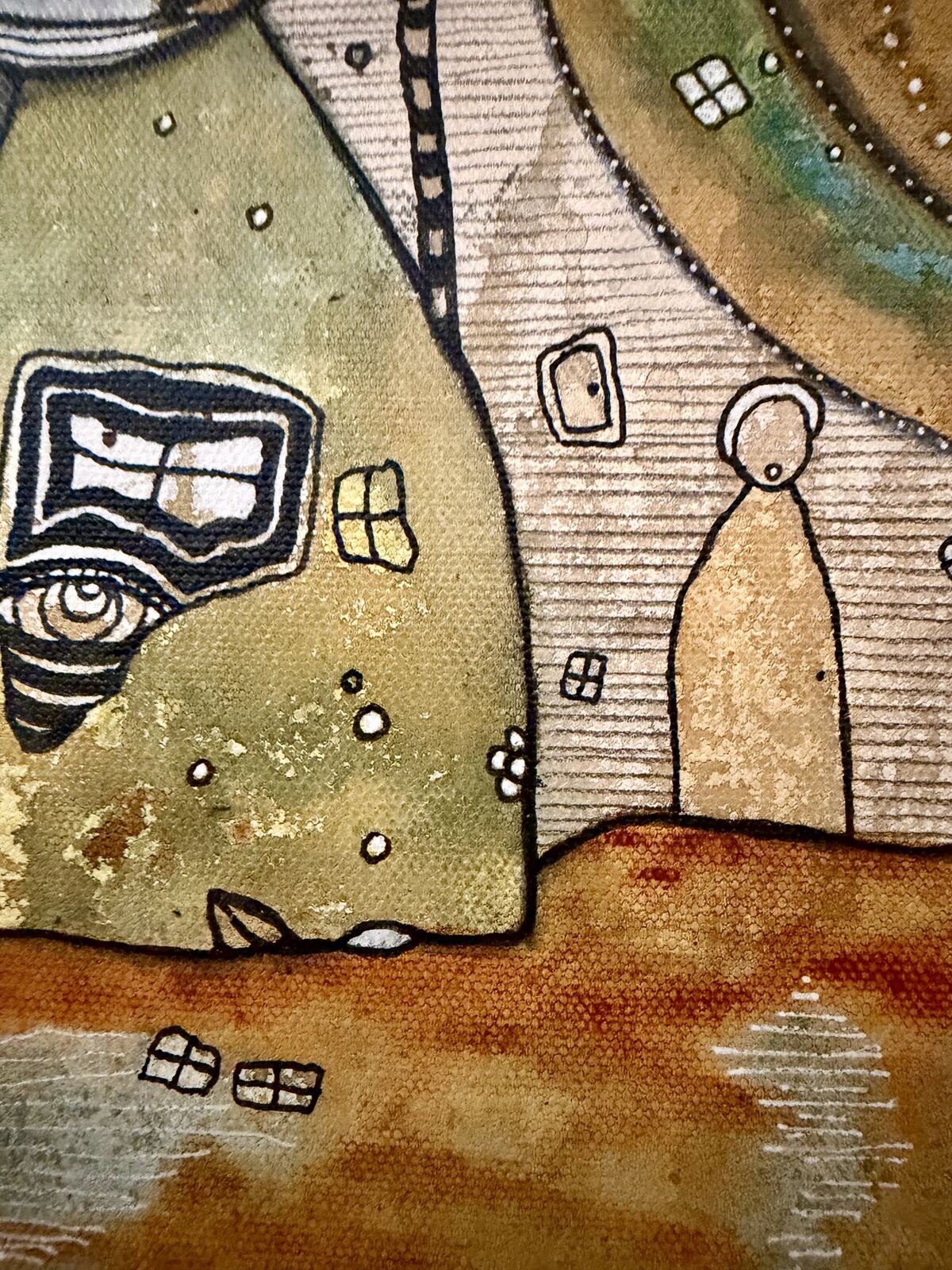 Choices - angled detail view showing canvas depth, original mixed media painting by C. Cambrea