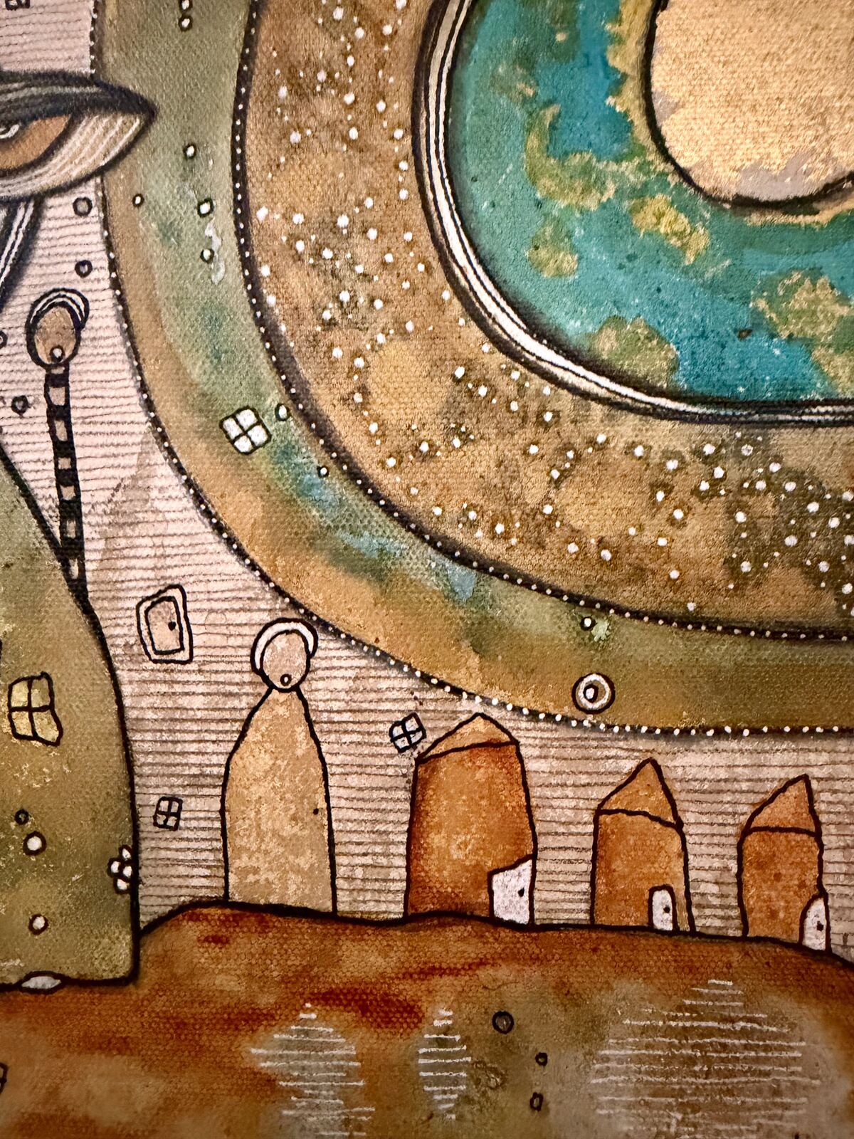 Choices - close up detail of moon face, original mixed media painting on canvas by C. Cambrea