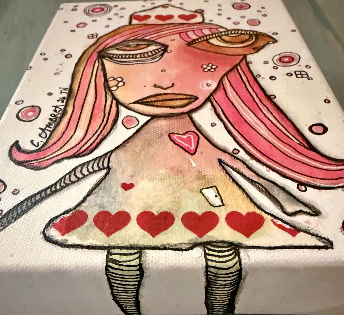Queen of Hearts - side view showing canvas edge and depth, original mixed media painting by C. Cambrea