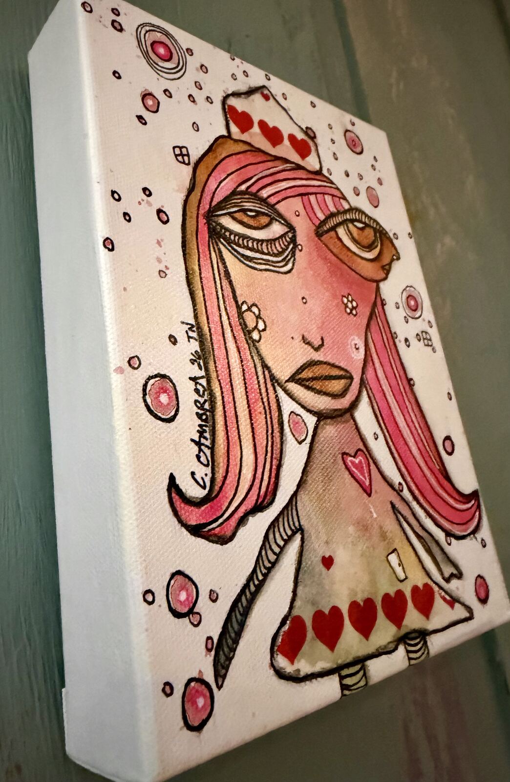 Queen of Hearts - angled side view showing canvas edge, original mixed media painting by C. Cambrea