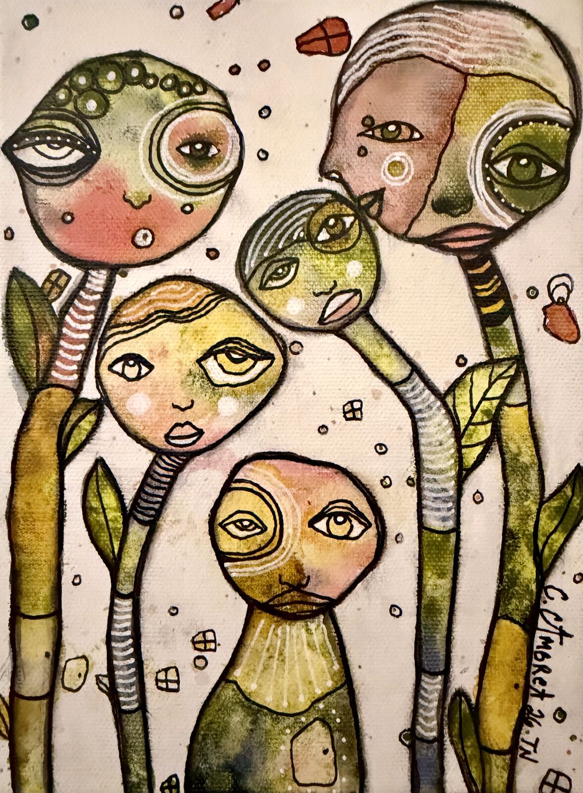 Garden Creatures - original mixed media painting on canvas by C. Cambrea