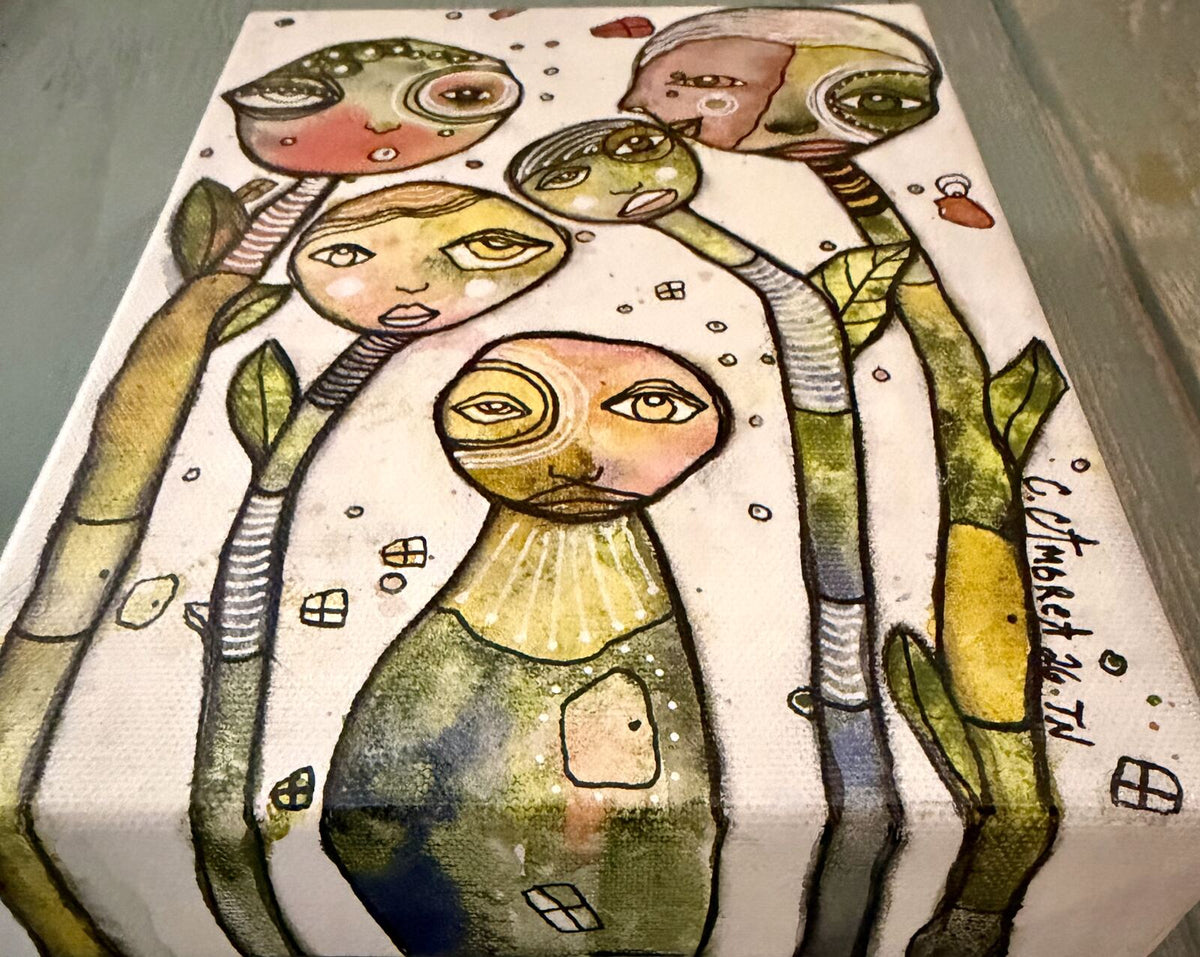 Garden Creatures - side view showing canvas edge and depth, original mixed media painting by C. Cambrea