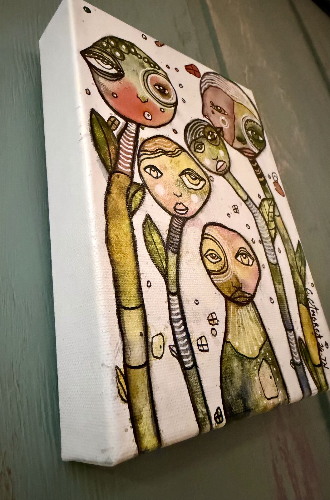 Garden Creatures - angled side view showing canvas depth, original mixed media painting by C. Cambrea