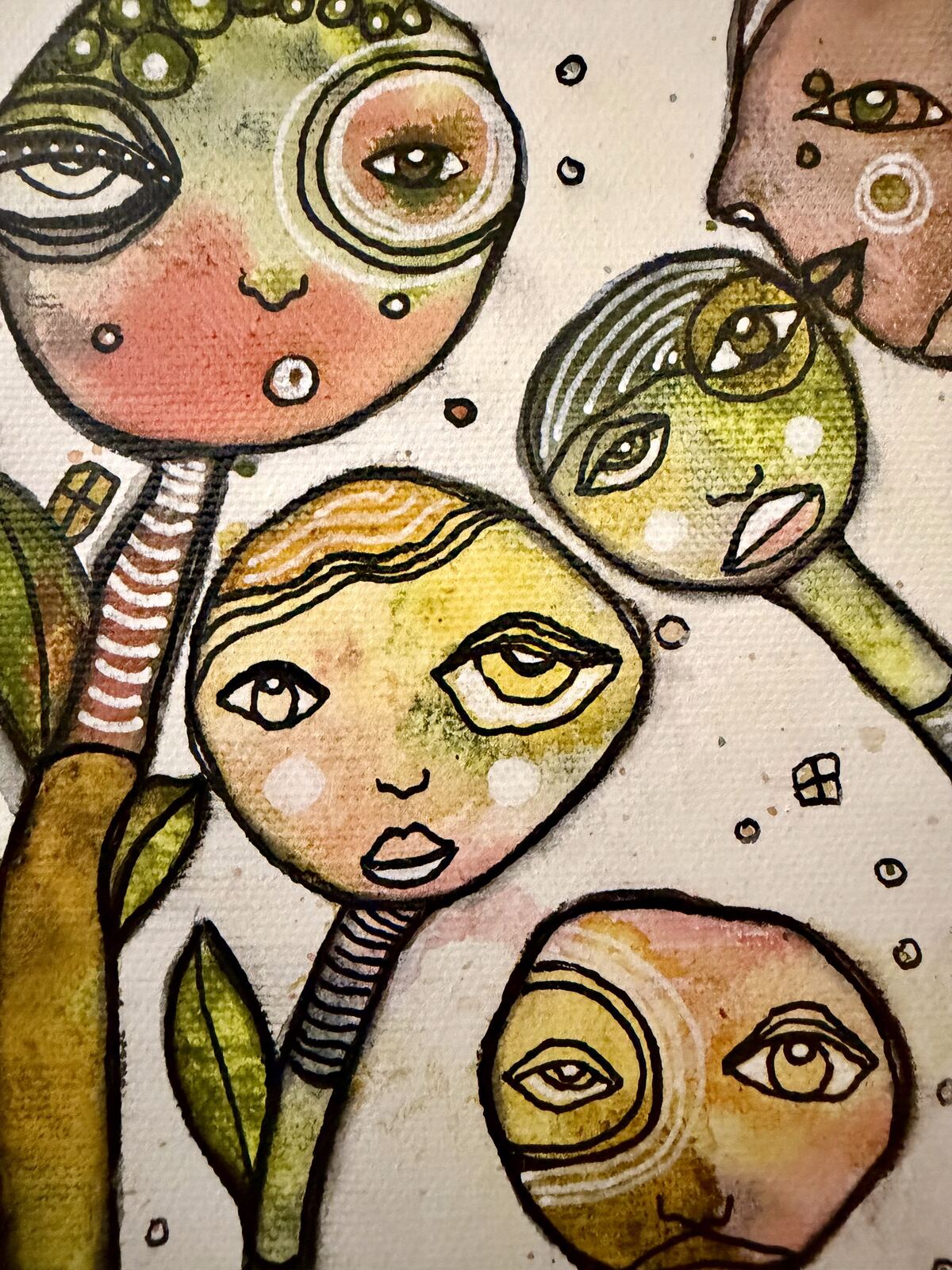 Garden Creatures - close up detail view, original mixed media painting on canvas by C. Cambrea