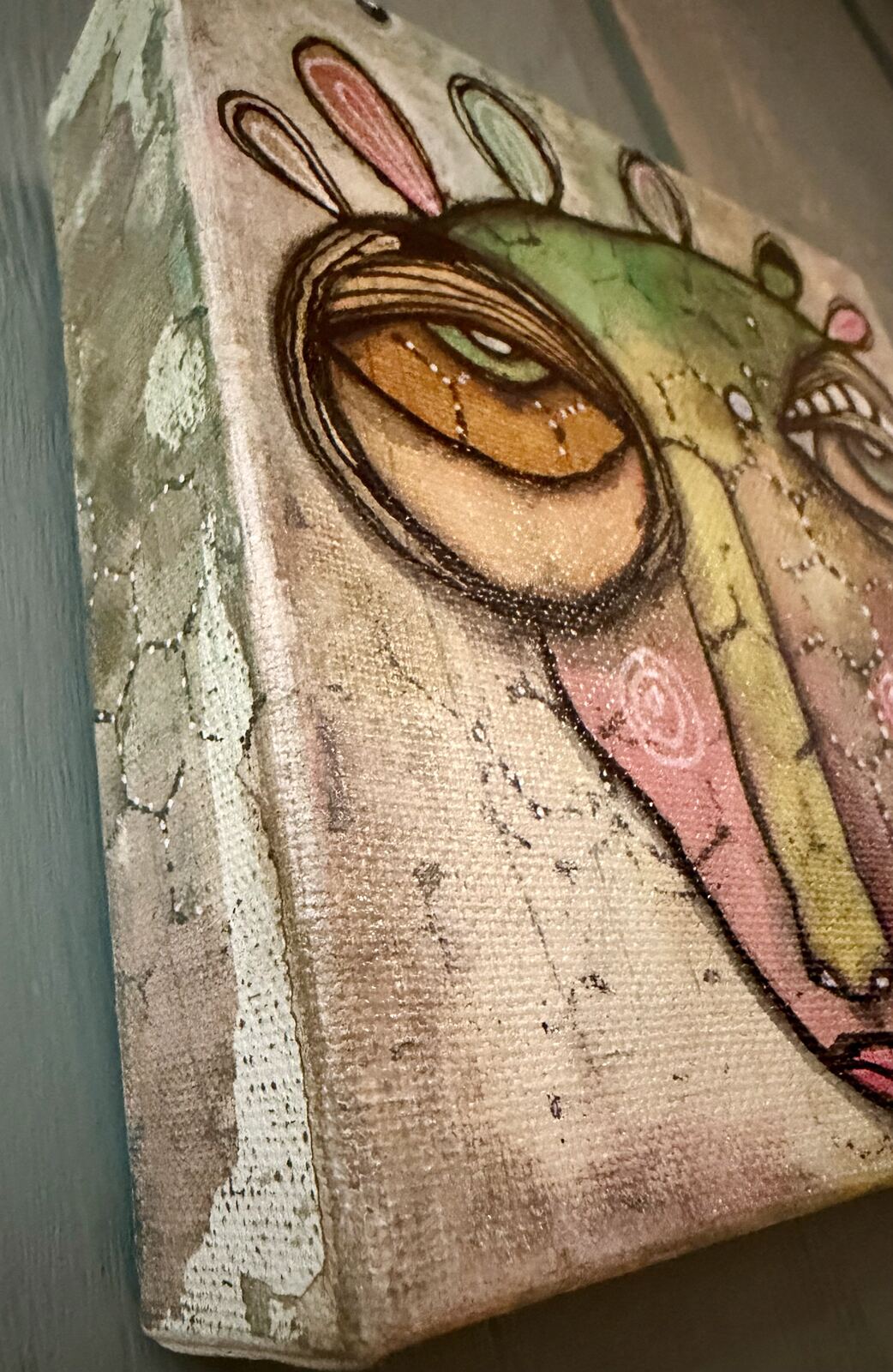 I Wonder - detail view of eye and canvas texture, original mixed media painting by C. Cambrea
